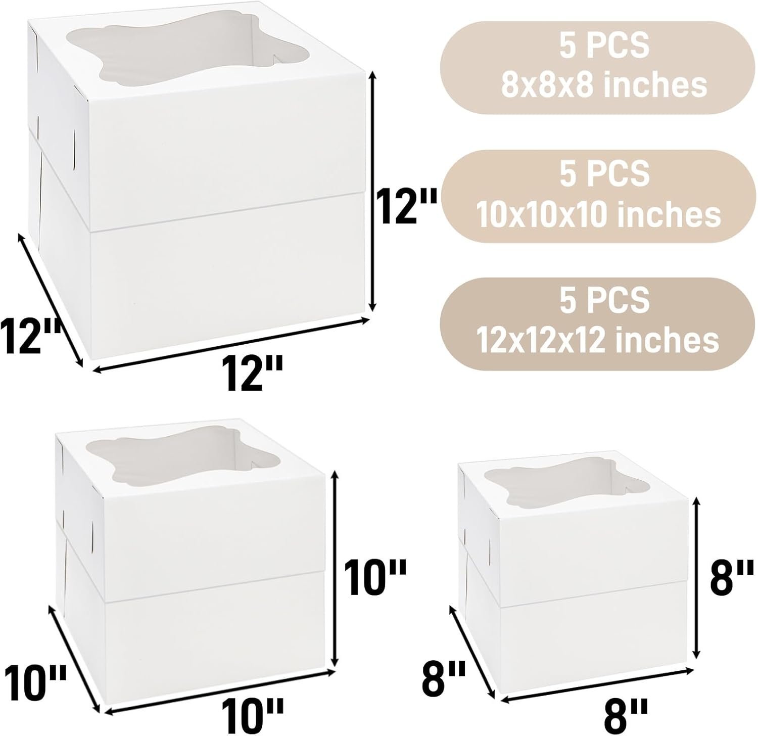 Logo Personalizado Cajas de Pasteles Altas de 15 PCS, Caja de Pastel Cuadrada con Ventana en 3 Tamaños 12x12x12, 10x10x10, 8x8x8 Pulgadas, Contenedor de Pastelería de Cartón, Marca Blanca para Llevado de Postres, Proveedor de Soluciones para Bodas y Cumpleaños. Logo Personalizado Cajas de Pasteles Altas de 15 PCS, Caja de Pastel Cuadrada con Ventana en 3 Tamaños 12x12x12, 10x10x10, 8x8x8 Pulgadas, Contenedor de Pastelería de Cartón, Marca Blanca para Llevado de Postres, Proveedor de Soluciones para Bodas y Cumpleaños.