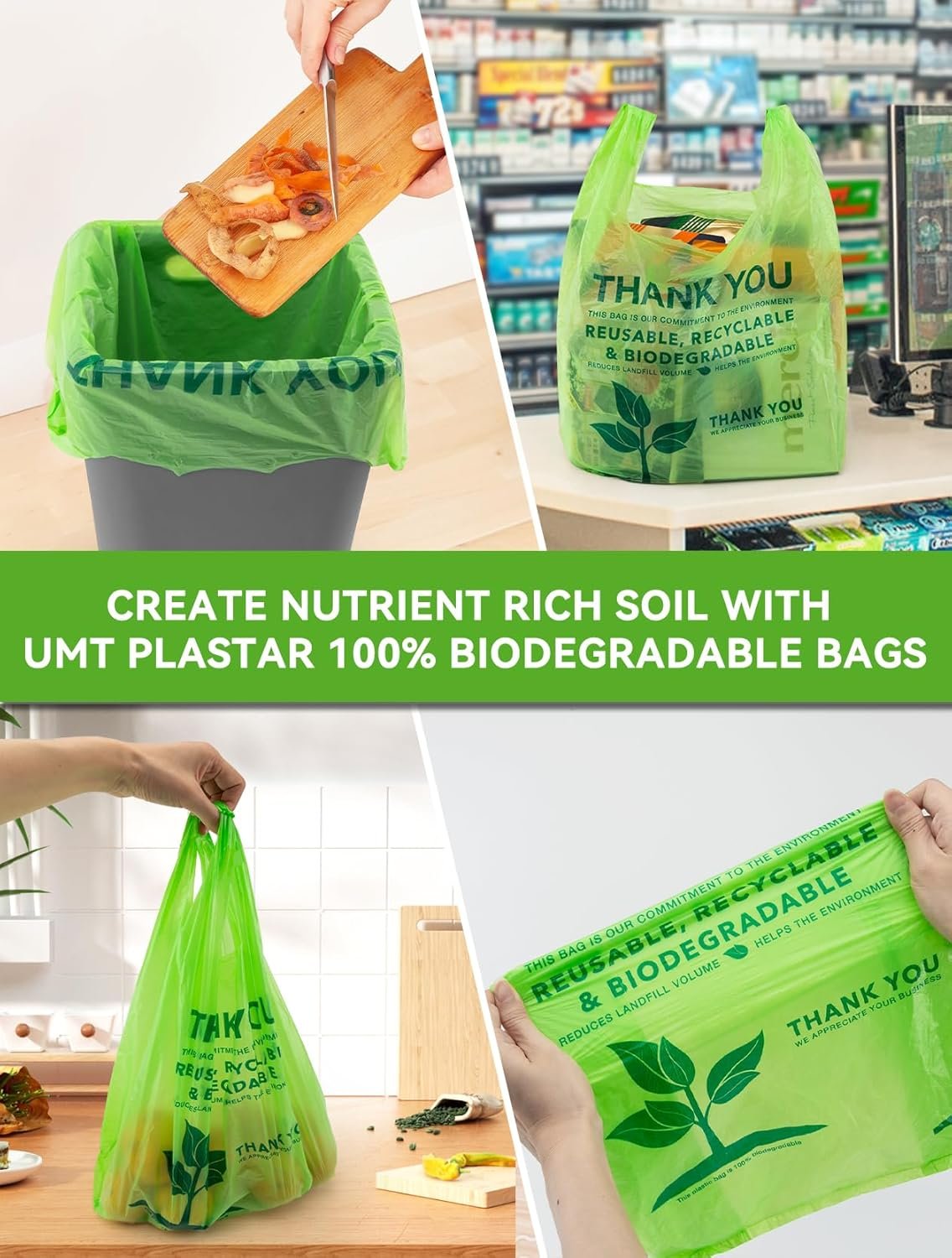 Bolsas biodegradables tipo camiseta con logo personalizado, 100 bolsas compostables de agradecimiento, resistentes y ecológicas, 11.5 x 6.25 x 21 pulgadas, marca blanca de proveedor.