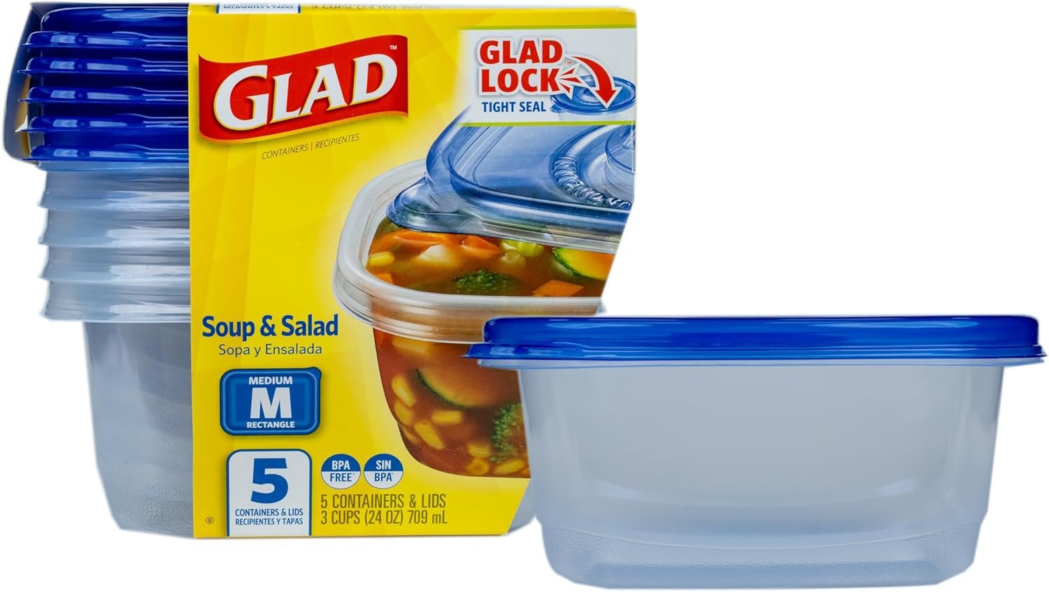 Contenedores de Almacenamiento para Alimentos de Sopa y Ensalada - Mediano Rectángulo - Capacidad para hasta 24 Onzas - Sello de Cierre Seguro, 5 Contenores - Marca Blanca, Proveedor de Fábrica