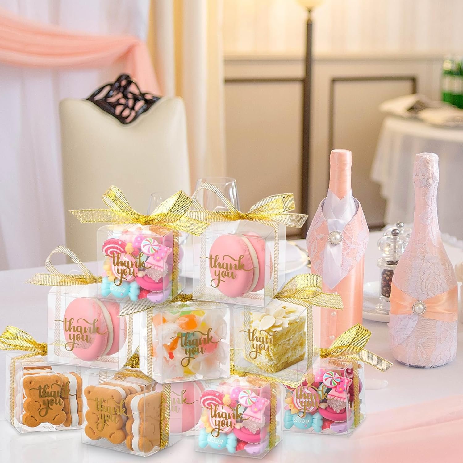 Caja de regalo transparente de 200 piezas con logo personalizado, cajas de plástico con tapa, cintas y letreros de agradecimiento, ideales para regalos de fiesta, macarrones, caramelos y postres, empaques para cupcakes 2 x 2 x 2 pulgadas, proveedor de calidad.