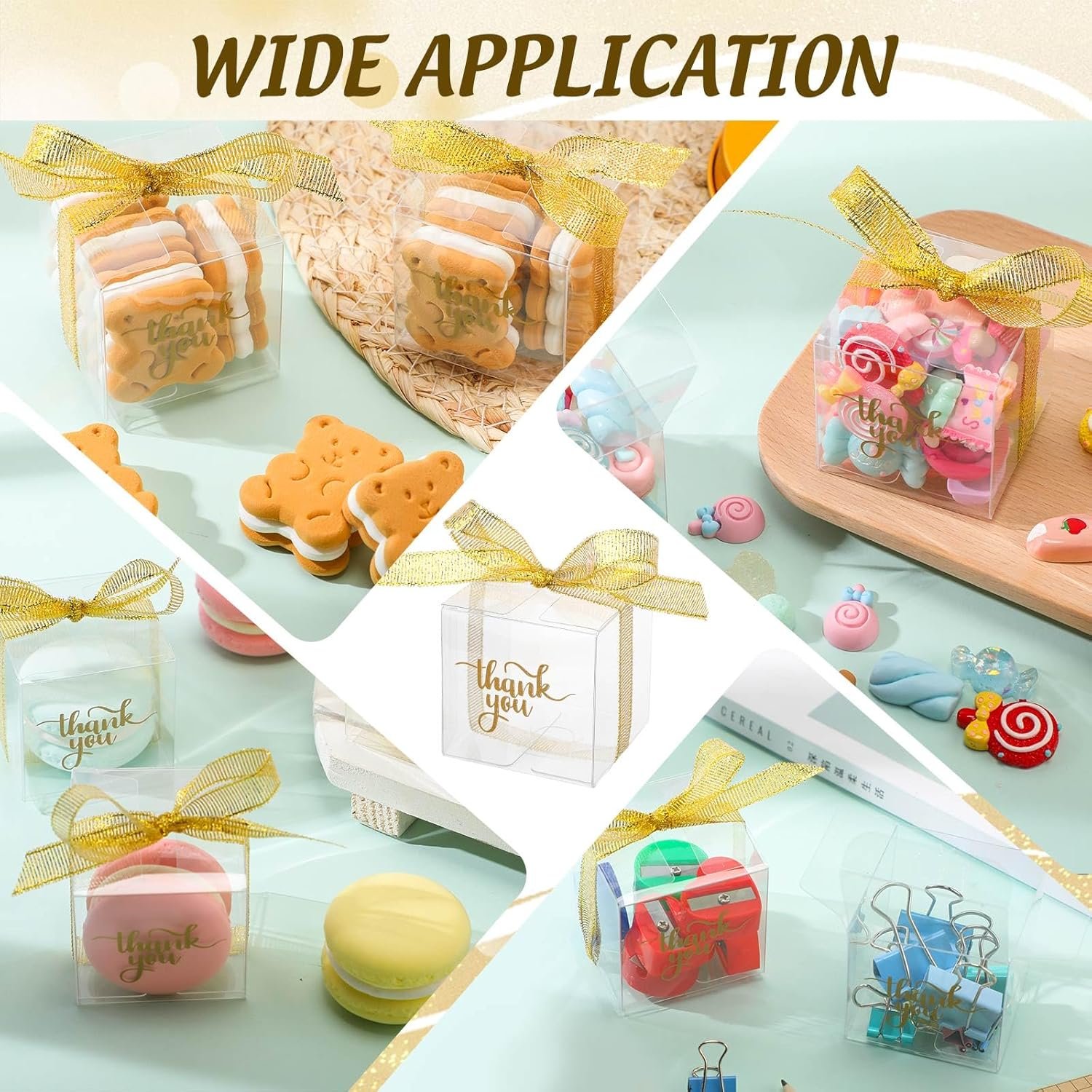 Caja de regalo transparente de 200 piezas con logo personalizado, cajas de plástico con tapa, cintas y letreros de agradecimiento, ideales para regalos de fiesta, macarrones, caramelos y postres, empaques para cupcakes 2 x 2 x 2 pulgadas, proveedor de calidad.