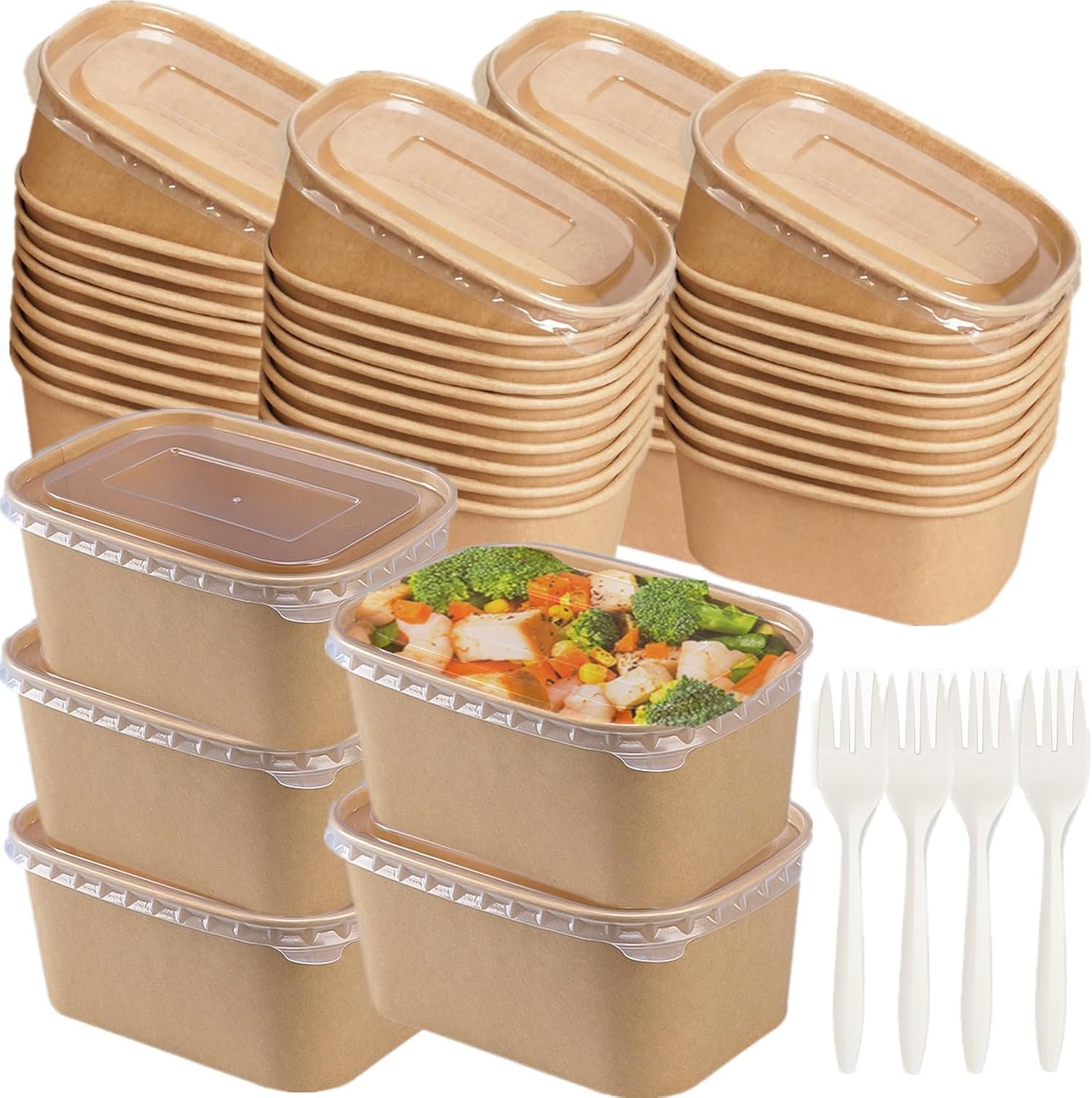 Logo Personalizado Cuencos Desechables de Papel Kraft de 33 OZ con Tapa, Recipientes para Comida, Adecuados para Microondas y Congelador, con Cubiertos para Alimentos Calientes y Fríos como Sopa, Helado y Comida para Llevar, Proveedor de Suministros para Fiestas.
