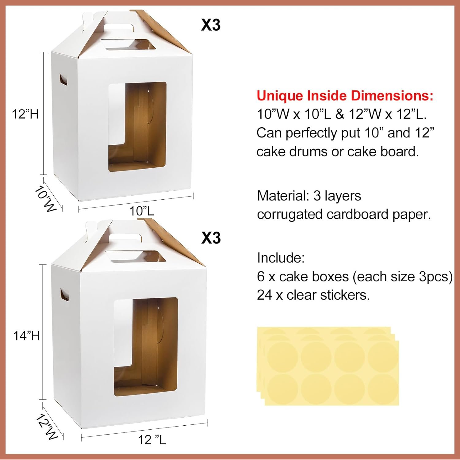 Logo Personalizado Caja Alta para Pasteles de Niveles con Ventana, Tamaños 10x10x12 y 12x12x14 Pulgadas, Transportador Desechable para Pasteles Grande con Asa - Caja de Transporte Segura para Bodega, Marca Blanca Proveedor.
