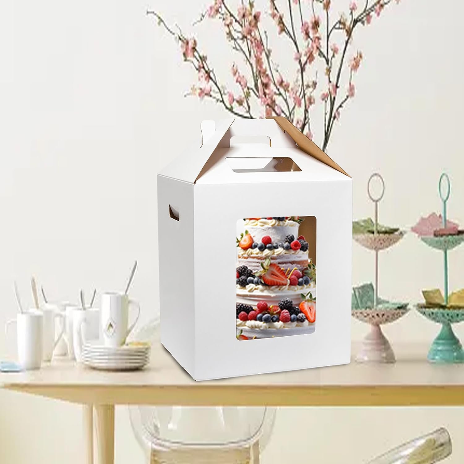 Logo Personalizado Caja Alta para Pasteles de Niveles con Ventana, Tamaños 10x10x12 y 12x12x14 Pulgadas, Transportador Desechable para Pasteles Grande con Asa - Caja de Transporte Segura para Bodega, Marca Blanca Proveedor.