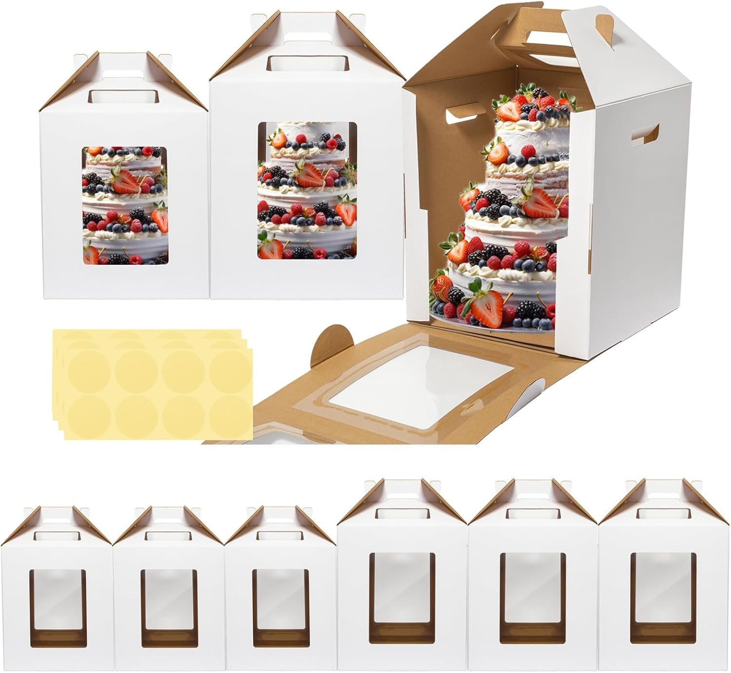 Logo Personalizado Caja Alta para Pasteles de Niveles con Ventana, Tamaños 10x10x12 y 12x12x14 Pulgadas, Transportador Desechable para Pasteles Grande con Asa - Caja de Transporte Segura para Bodega, Marca Blanca Proveedor.