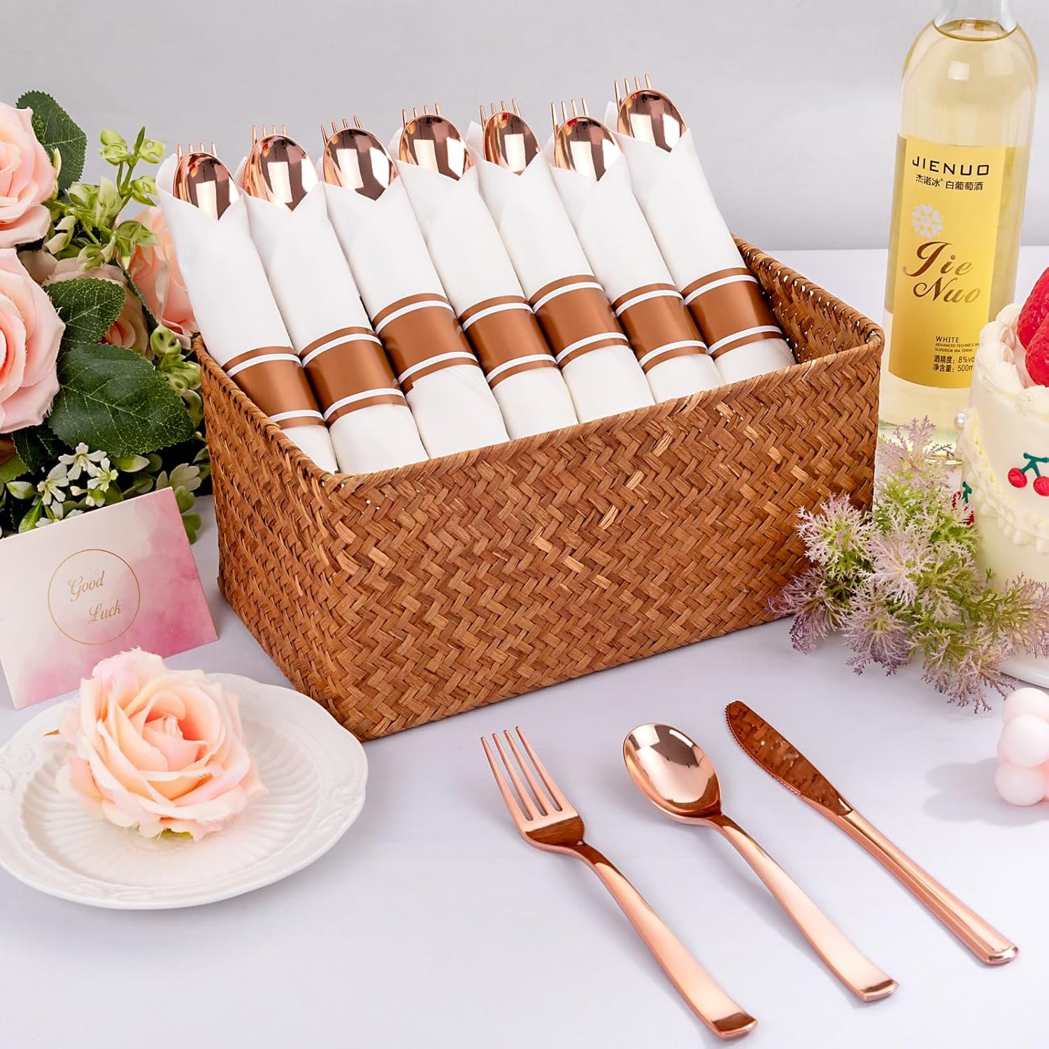 Sets de Cubiertos Desechables de 400 Piezas - Incluye 100 Utensilios Envueltos con Servilletas - Marca Blanca de Cubiertos de Plástico Rosa Oro para Fiestas y Bodas, Proveedor Fuerte de Utensilios.
