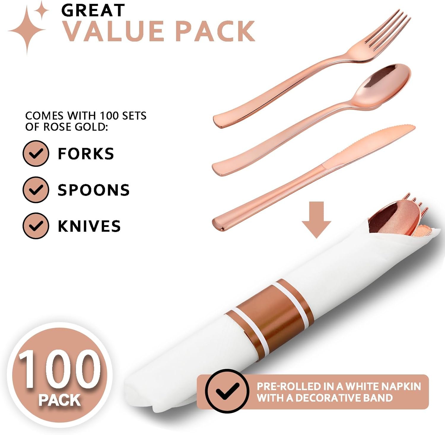 Sets de Cubiertos Desechables de 400 Piezas - Incluye 100 Utensilios Envueltos con Servilletas - Marca Blanca de Cubiertos de Plástico Rosa Oro para Fiestas y Bodas, Proveedor Fuerte de Utensilios.