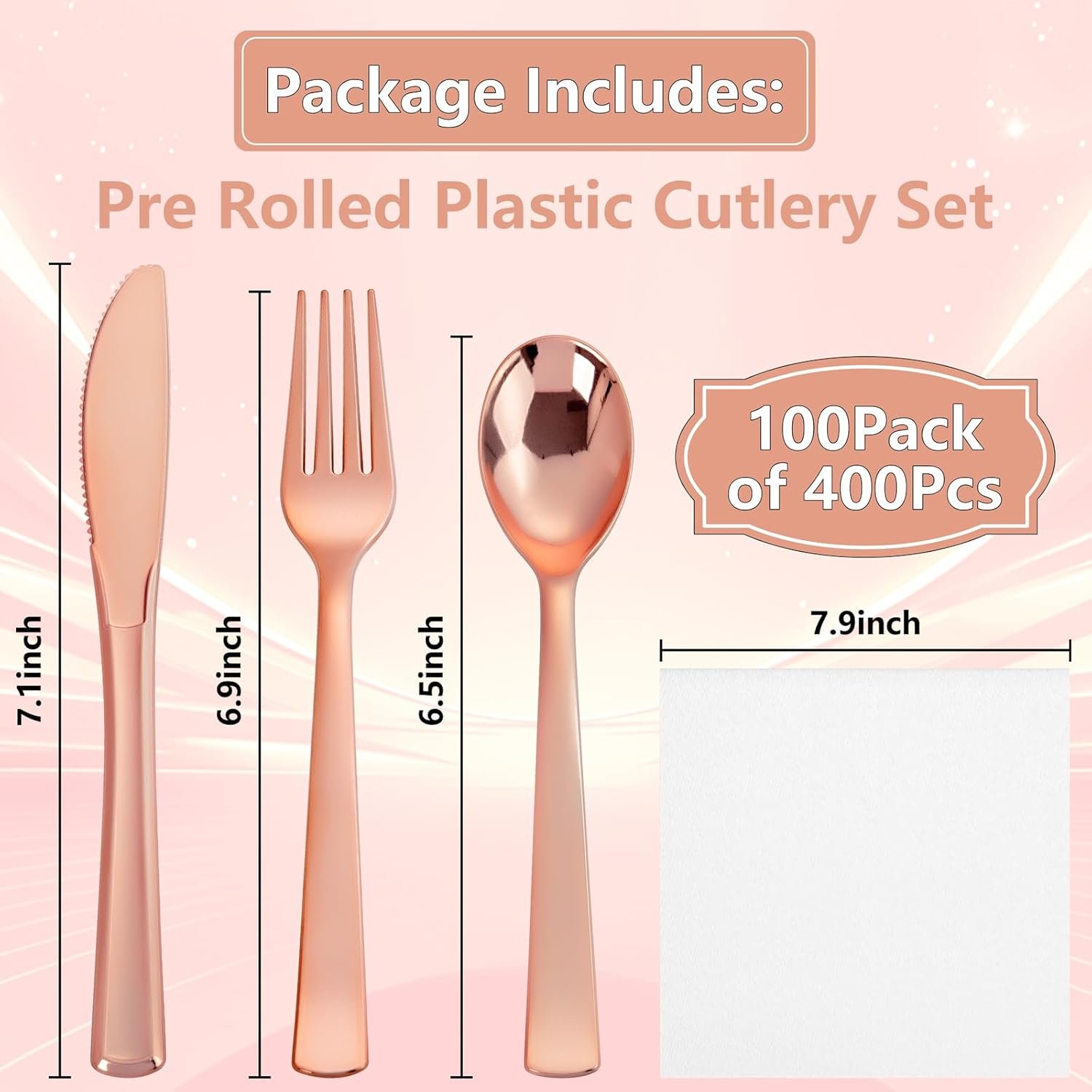 Sets de Cubiertos Desechables de 400 Piezas - Incluye 100 Utensilios Envueltos con Servilletas - Marca Blanca de Cubiertos de Plástico Rosa Oro para Fiestas y Bodas, Proveedor Fuerte de Utensilios.