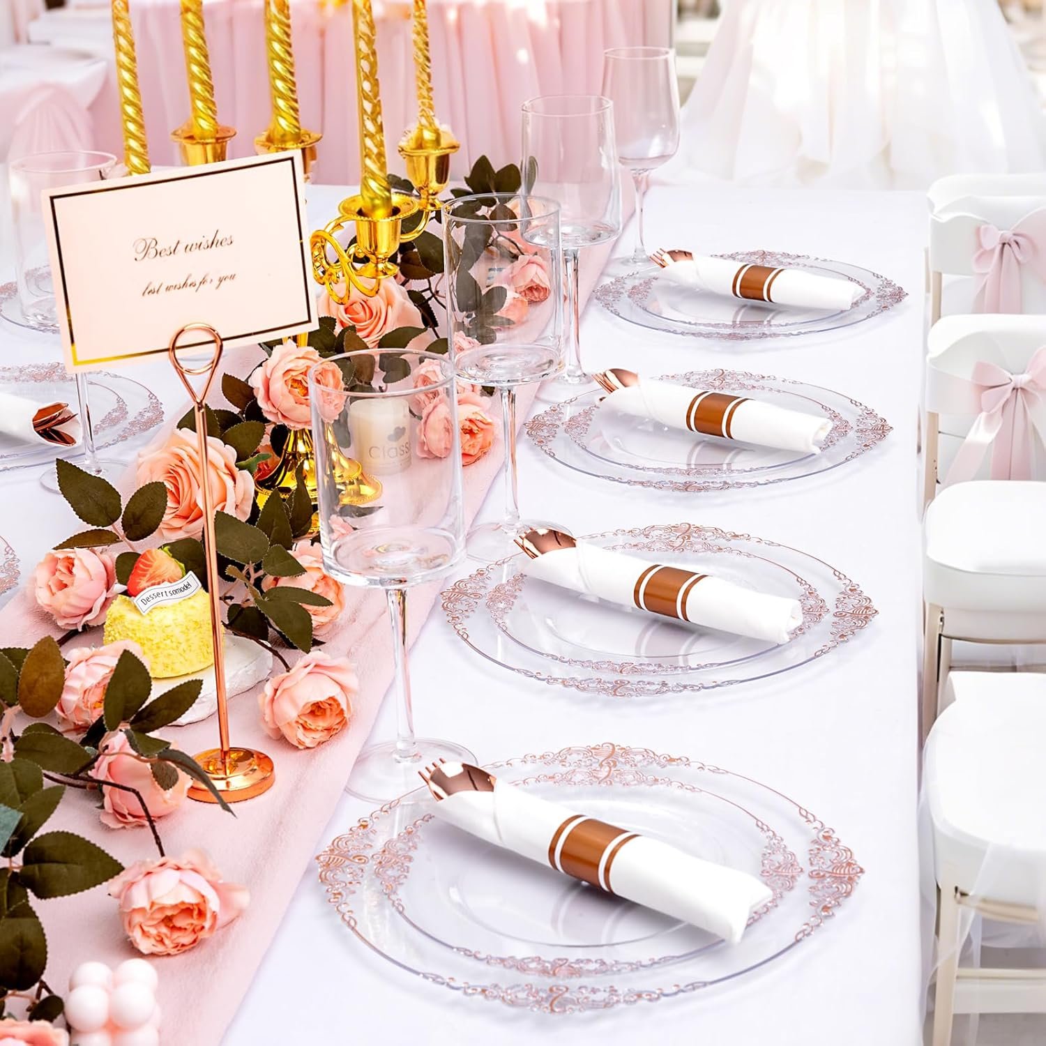 Sets de Cubiertos Desechables de 400 Piezas - Incluye 100 Utensilios Envueltos con Servilletas - Marca Blanca de Cubiertos de Plástico Rosa Oro para Fiestas y Bodas, Proveedor Fuerte de Utensilios.