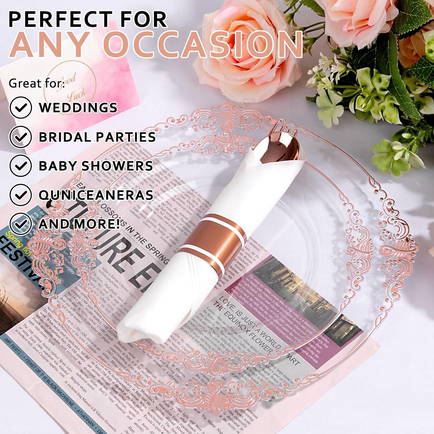 Sets de Cubiertos Desechables de 400 Piezas - Incluye 100 Utensilios Envueltos con Servilletas - Marca Blanca de Cubiertos de Plástico Rosa Oro para Fiestas y Bodas, Proveedor Fuerte de Utensilios.