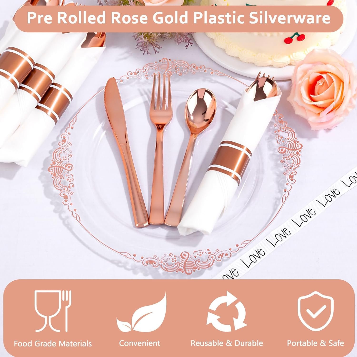 Sets de Cubiertos Desechables de 400 Piezas - Incluye 100 Utensilios Envueltos con Servilletas - Marca Blanca de Cubiertos de Plástico Rosa Oro para Fiestas y Bodas, Proveedor Fuerte de Utensilios.