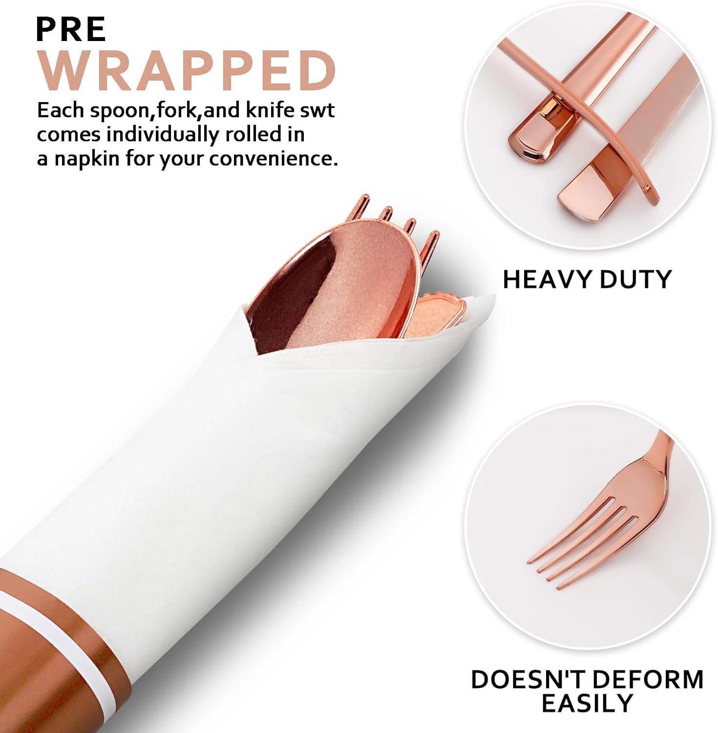 Sets de Cubiertos Desechables de 400 Piezas - Incluye 100 Utensilios Envueltos con Servilletas - Marca Blanca de Cubiertos de Plástico Rosa Oro para Fiestas y Bodas, Proveedor Fuerte de Utensilios.