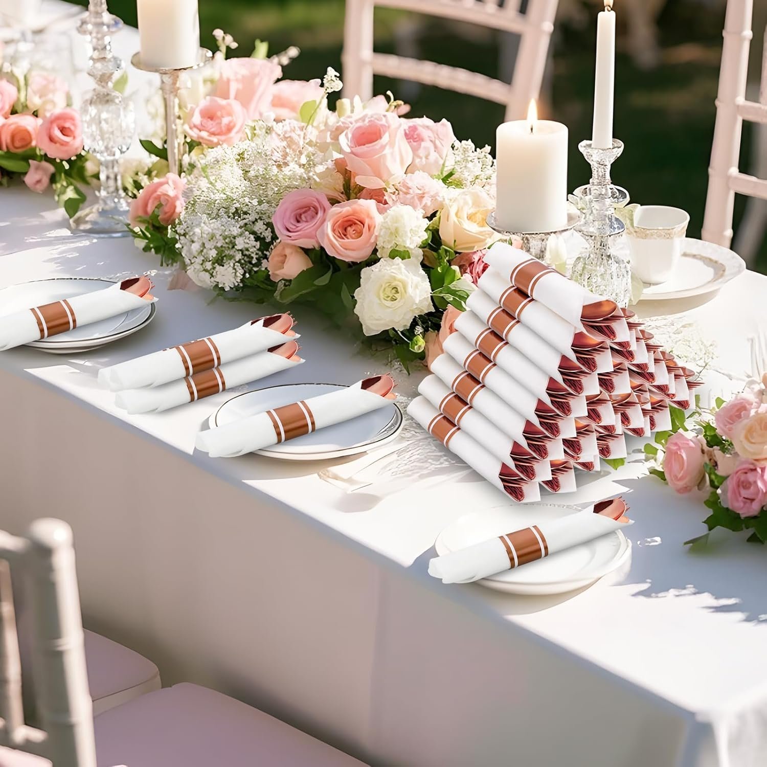 Sets de Cubiertos Desechables de 400 Piezas - Incluye 100 Utensilios Envueltos con Servilletas - Marca Blanca de Cubiertos de Plástico Rosa Oro para Fiestas y Bodas, Proveedor Fuerte de Utensilios.