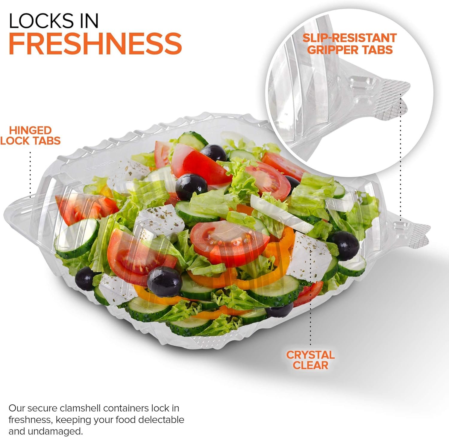 Contenedor desechable con logo personalizado 8 x 8 pulgadas, bandeja clamshell (25 unidades) ideal para postres, ensaladas, pastas, sándwiches y más, proveedor confiable.