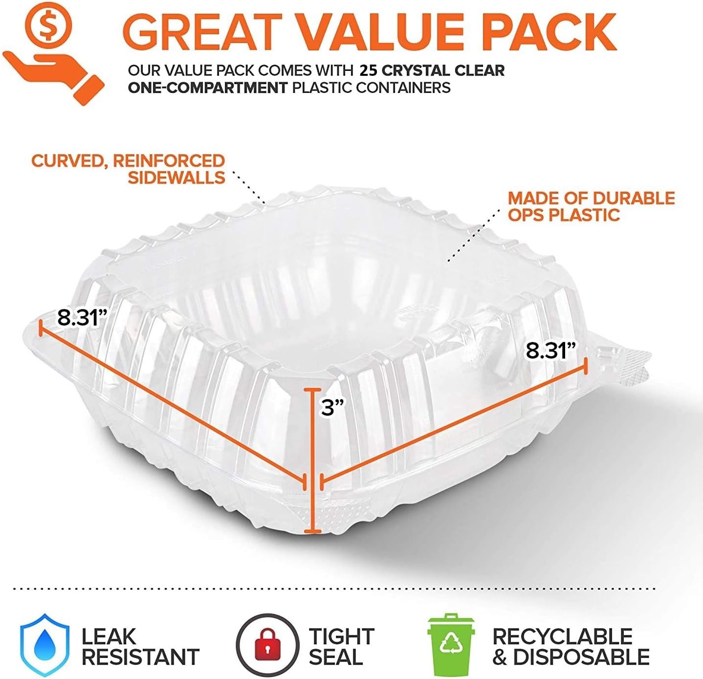 Contenedor desechable con logo personalizado 8 x 8 pulgadas, bandeja clamshell (25 unidades) ideal para postres, ensaladas, pastas, sándwiches y más, proveedor confiable.