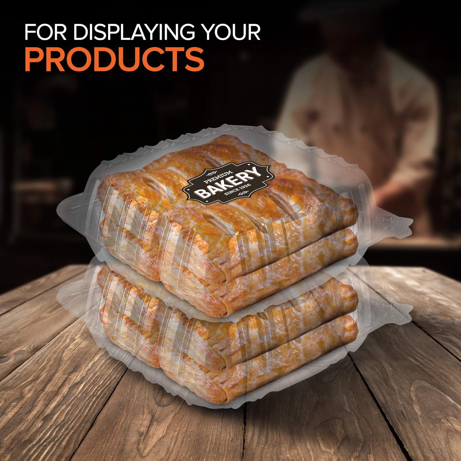 Contenedor desechable con logo personalizado 8 x 8 pulgadas, bandeja clamshell (25 unidades) ideal para postres, ensaladas, pastas, sándwiches y más, proveedor confiable.