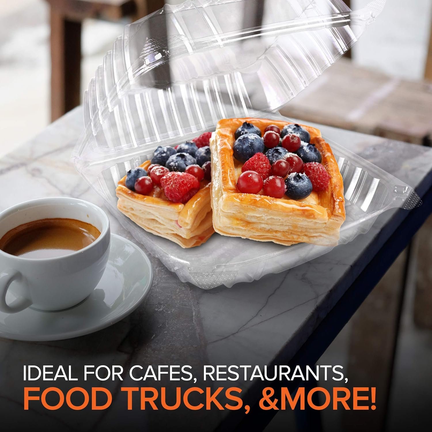 Contenedor desechable con logo personalizado 8 x 8 pulgadas, bandeja clamshell (25 unidades) ideal para postres, ensaladas, pastas, sándwiches y más, proveedor confiable.