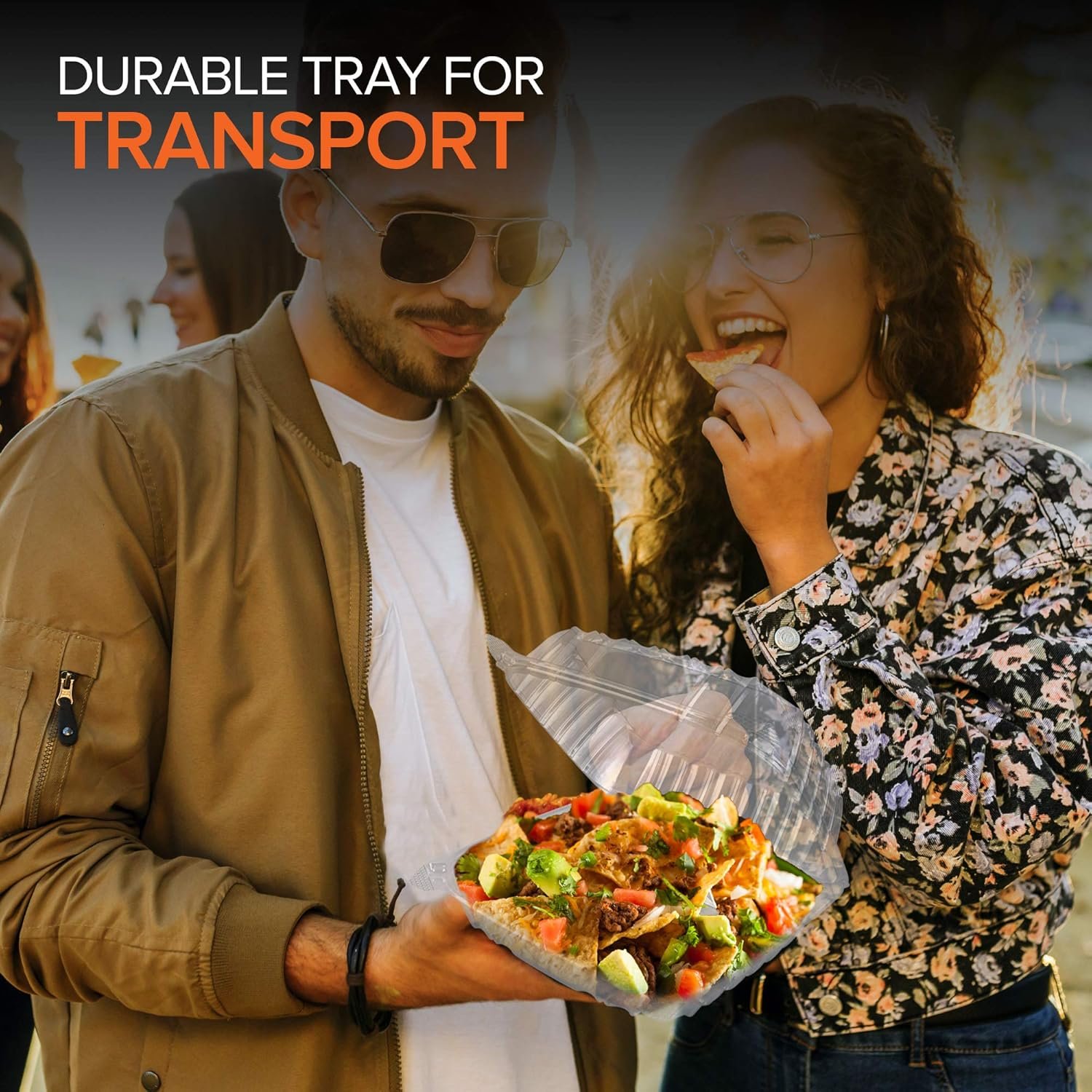 Contenedor desechable con logo personalizado 8 x 8 pulgadas, bandeja clamshell (25 unidades) ideal para postres, ensaladas, pastas, sándwiches y más, proveedor confiable.