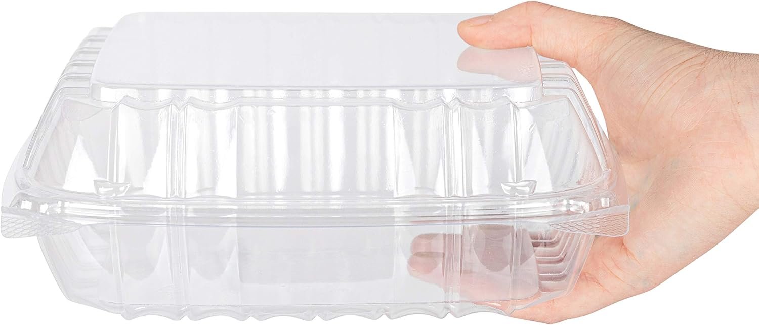 Contenedor desechable con logo personalizado 8 x 8 pulgadas, bandeja clamshell (25 unidades) ideal para postres, ensaladas, pastas, sándwiches y más, proveedor confiable.