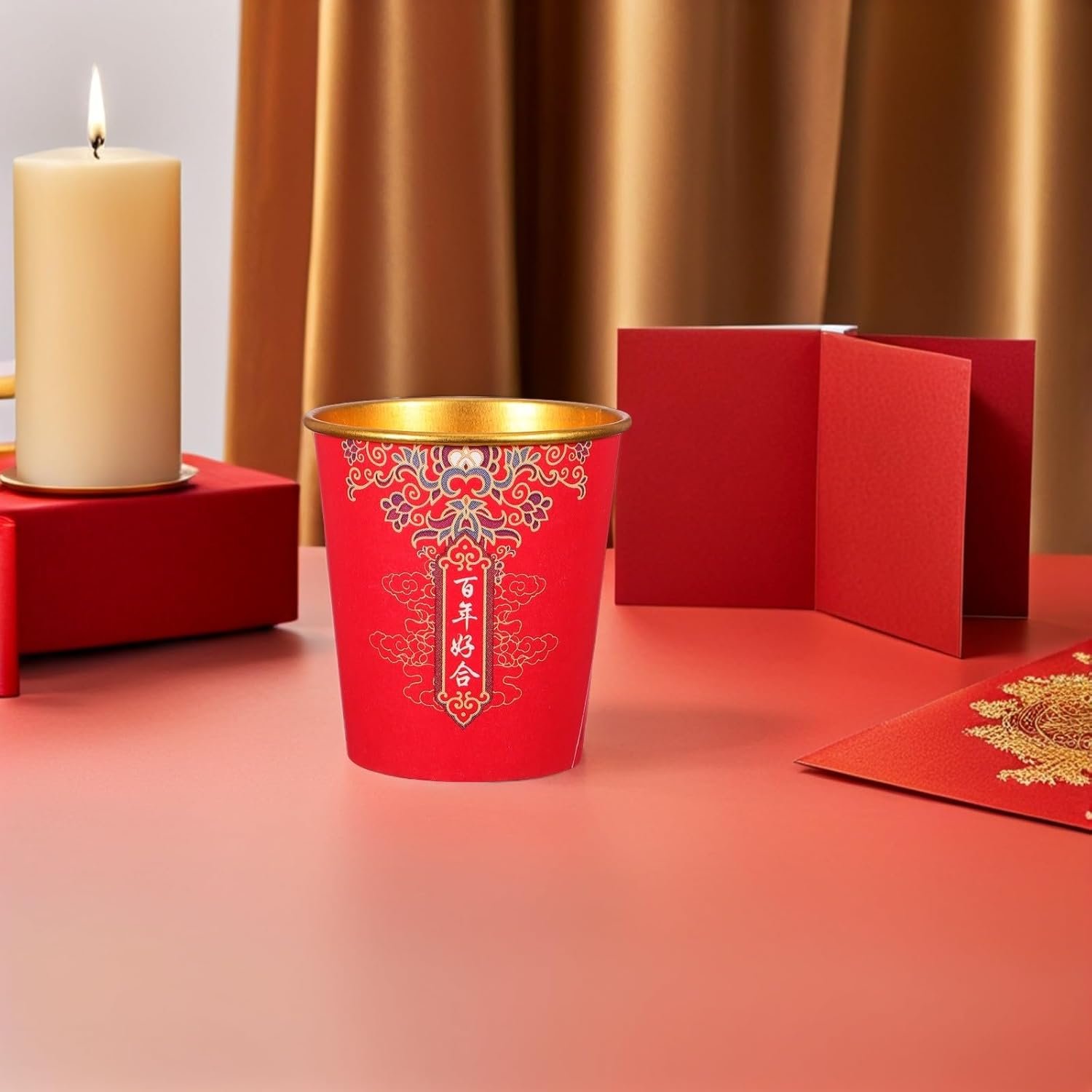Tazas de papel desechables rojas y doradas personalizadas con logo, ideales para ceremonias de té chinas y fiestas, 100 piezas, fabricadas en nuestra fábrica para bebidas calientes y frías.