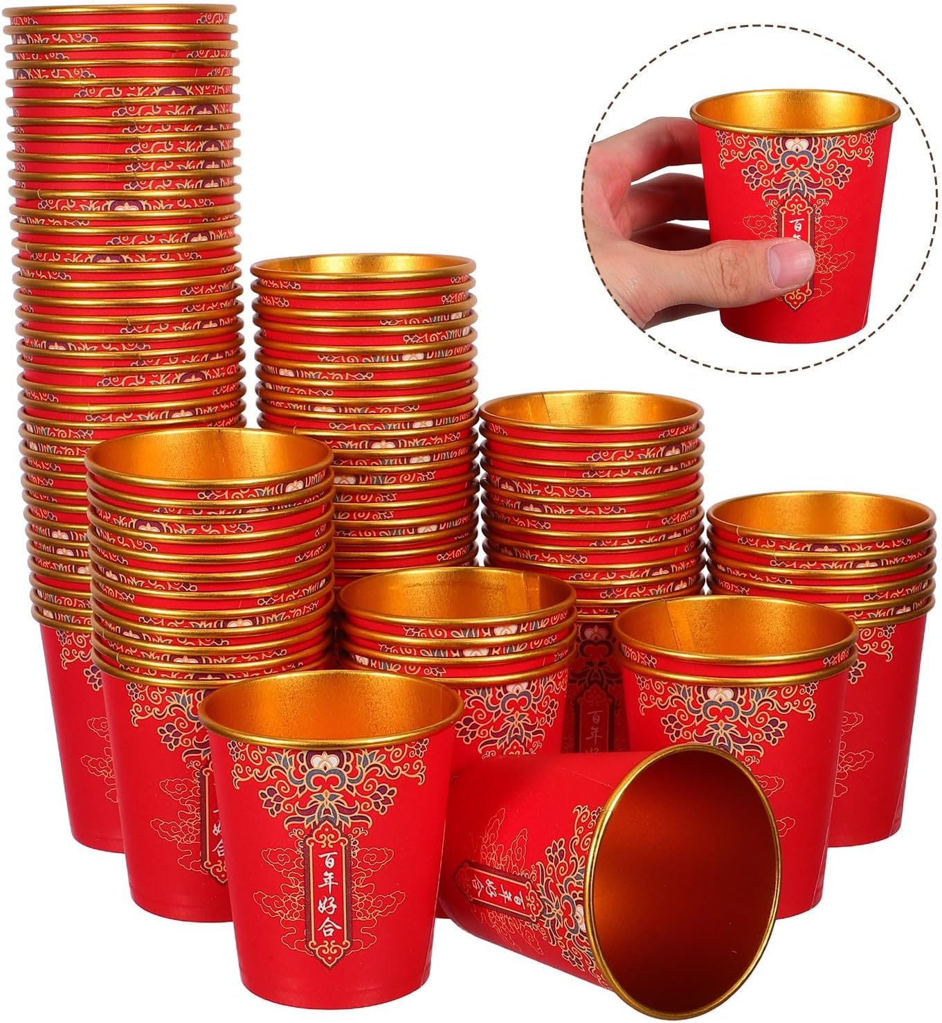 Tazas de papel desechables rojas y doradas personalizadas con logo, ideales para ceremonias de té chinas y fiestas, 100 piezas, fabricadas en nuestra fábrica para bebidas calientes y frías.