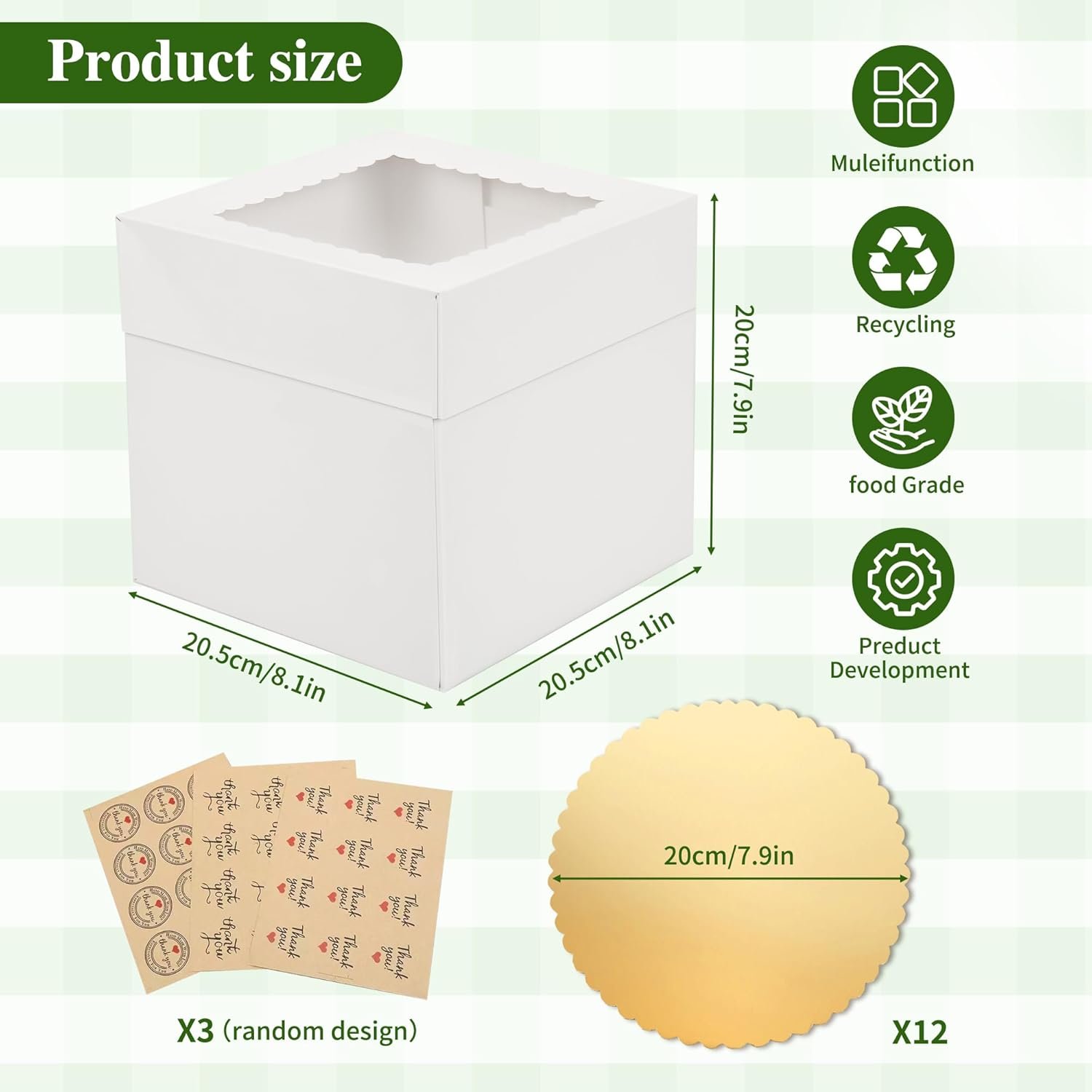 Cajas de Pastel Blancas con Ventana 12 pcs, 8x8x8 Pulgadas, Suministros para Decoración de Pasteles con 12 pcs de Cartón Dorado y 3 pcs de Stickers, Marca Blanca para Regalos de Fábrica. Cajas de Pastel Blancas con Ventana 12 pcs, 8x8x8 Pulgadas, Suministros para Decoración de Pasteles con 12 pcs de Cartón Dorado y 3 pcs de Stickers, Marca Blanca para Regalos de Fábrica.