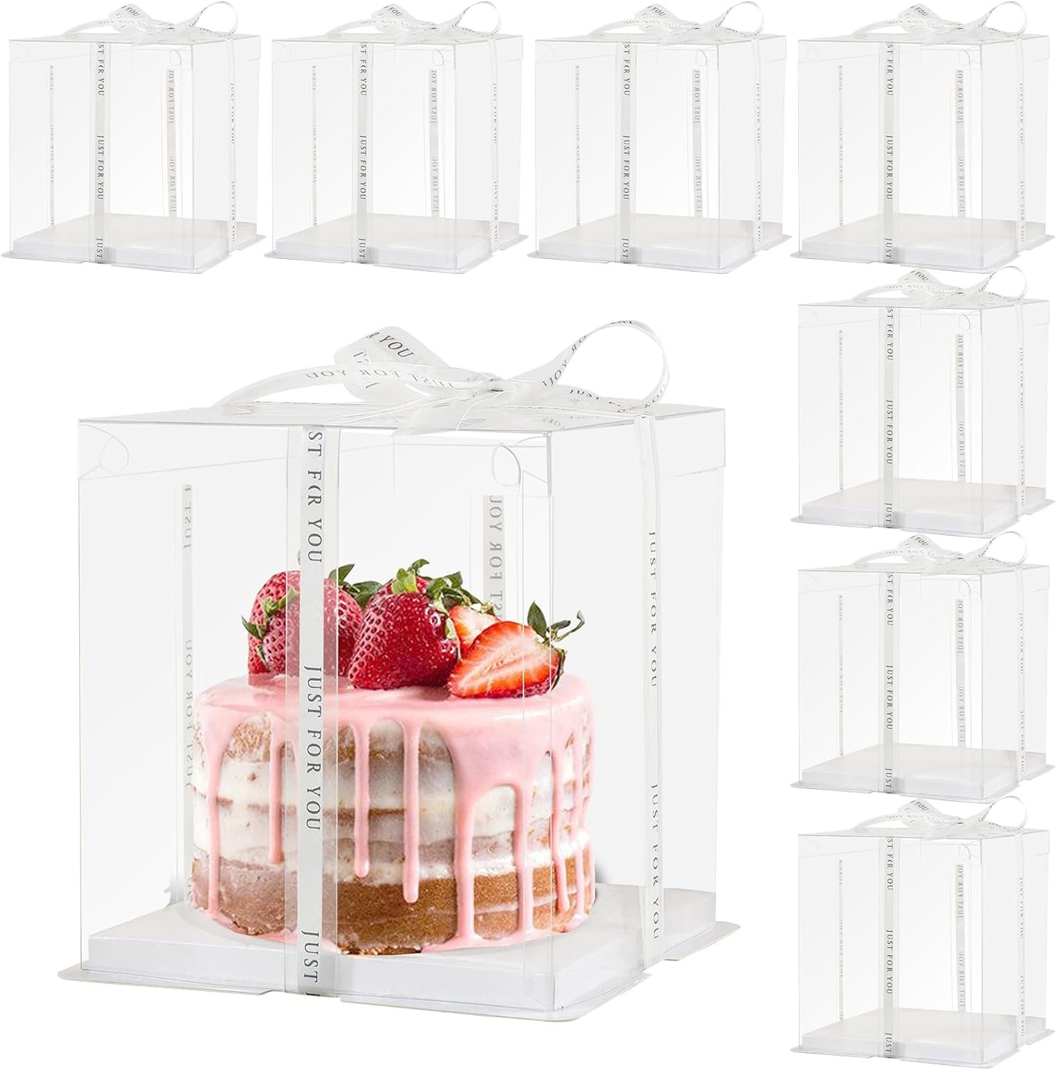 Cajas para pasteles claras con cinta, 8 piezas de 8x8x9 pulgadas, ideales para tartas de 6", personalizadas con logo para eventos como bodas y San Valentín, proveedor de soluciones para exhibición de regalos.
