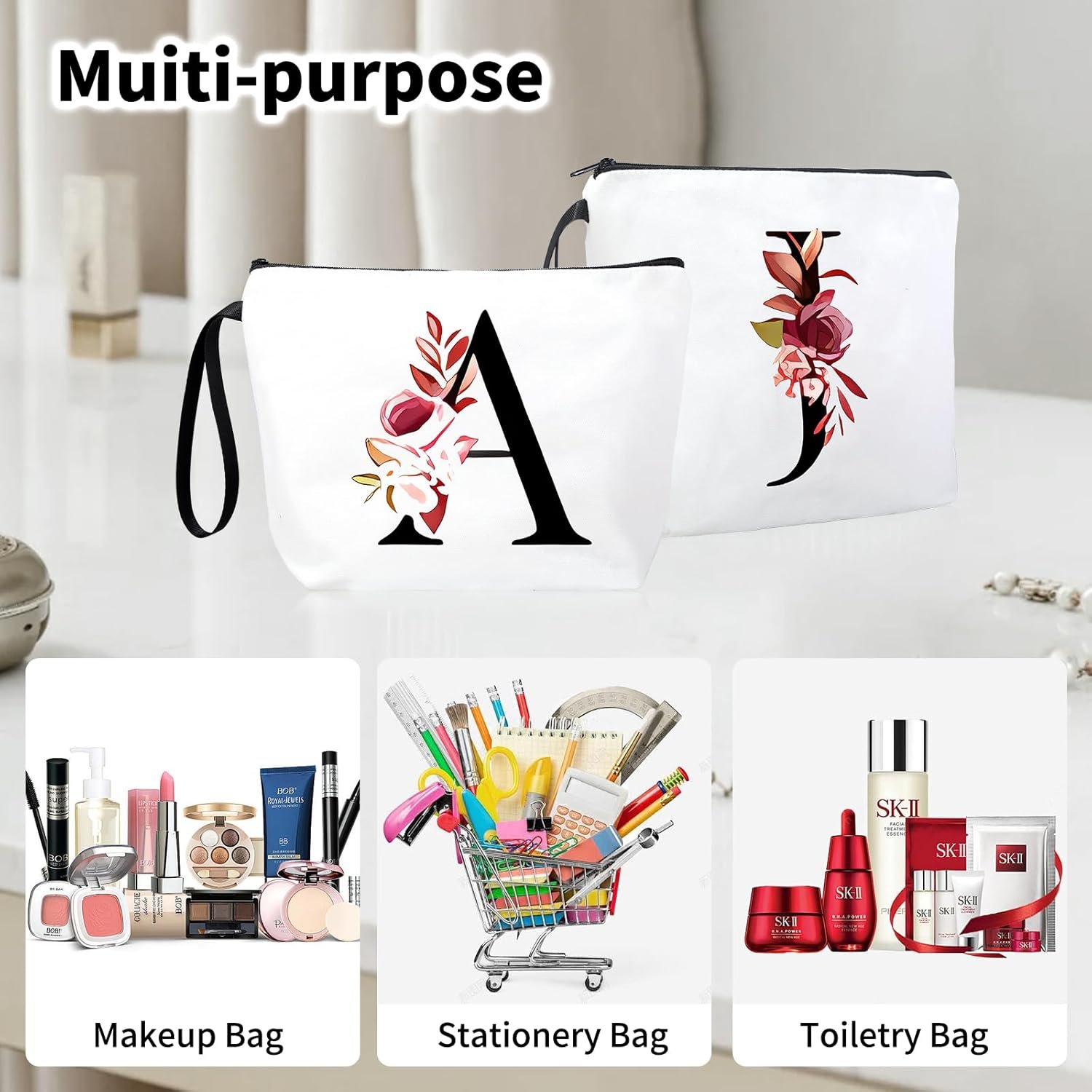 Logo Personalizado Neceser de Maquillaje Inicial - Bolsa de Cosméticos Personalizada Monograma Inicial Pequeña para Viajes y Artículos de Aseo, Regalos de Cumpleaños para Mujeres, Marca Blanca, Proveedor Letter A
