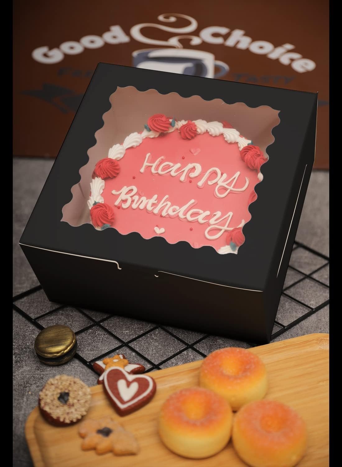 Caja de pasteles negra de 36 piezas de 10x10x5 pulgadas con ventana y 18 paquetes, ideal para marca blanca con logo personalizado, incluye 18 cajas para pasteles y 18 bases. Proveedor confiable para tus necesidades de repostería.