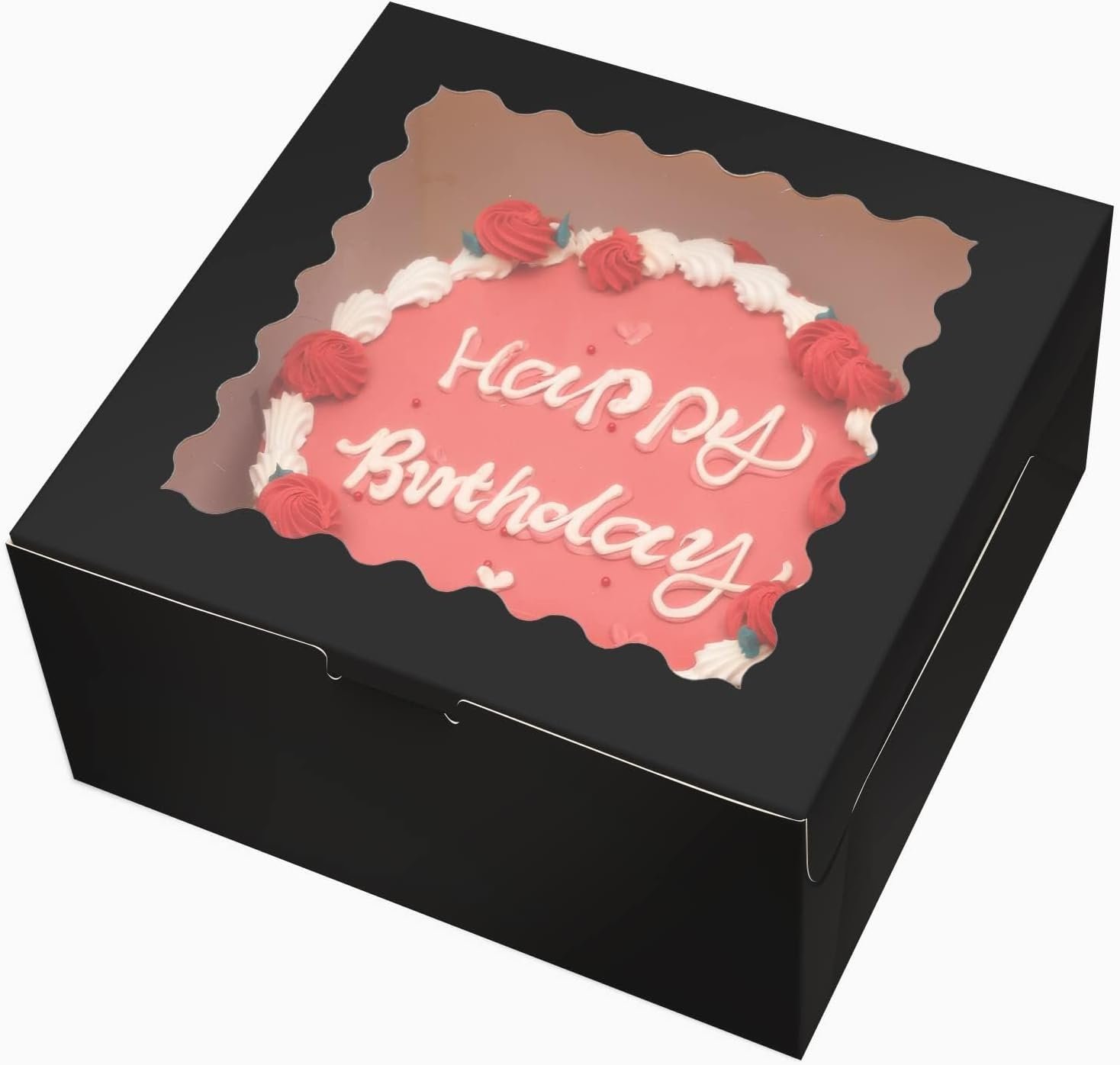 Caja de pasteles negra de 36 piezas de 10x10x5 pulgadas con ventana y 18 paquetes, ideal para marca blanca con logo personalizado, incluye 18 cajas para pasteles y 18 bases. Proveedor confiable para tus necesidades de repostería.