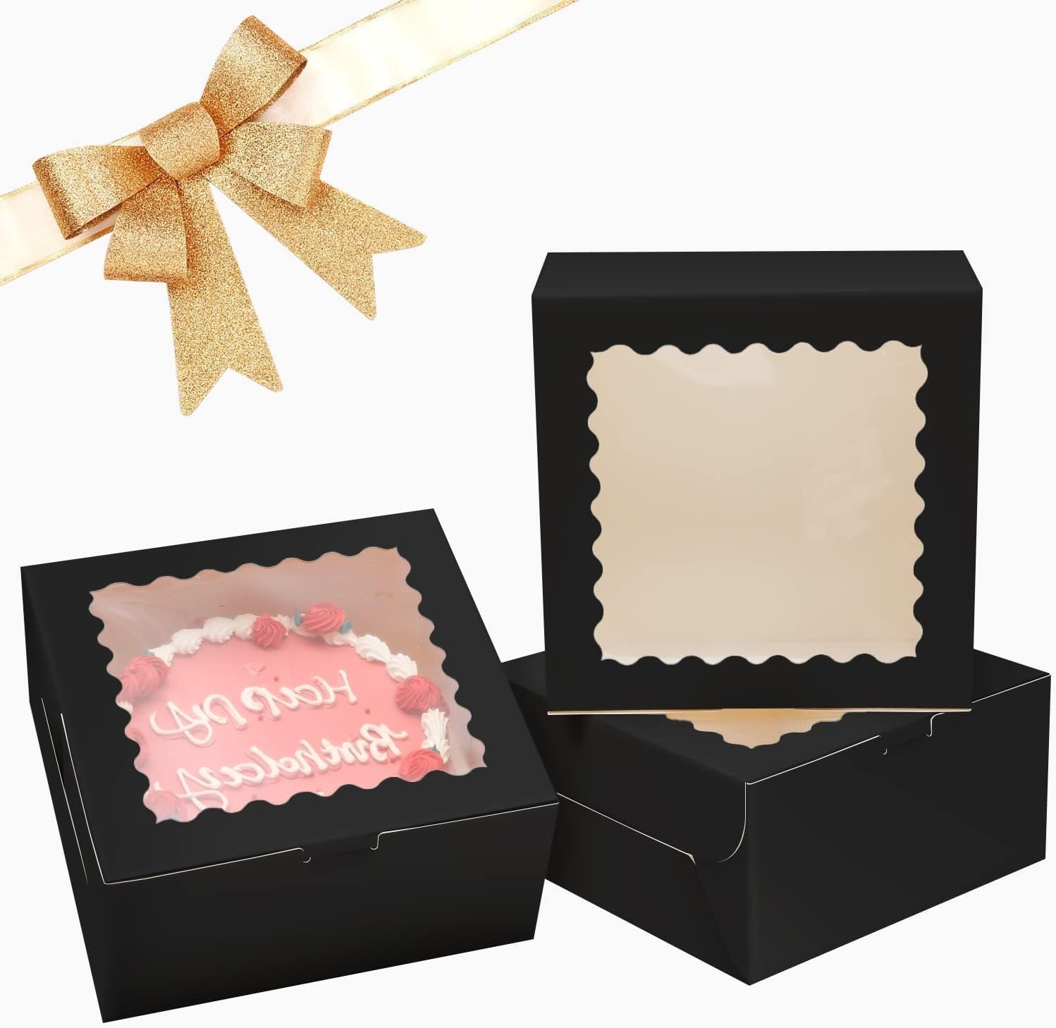 Caja de pasteles negra de 36 piezas de 10x10x5 pulgadas con ventana y 18 paquetes, ideal para marca blanca con logo personalizado, incluye 18 cajas para pasteles y 18 bases. Proveedor confiable para tus necesidades de repostería.