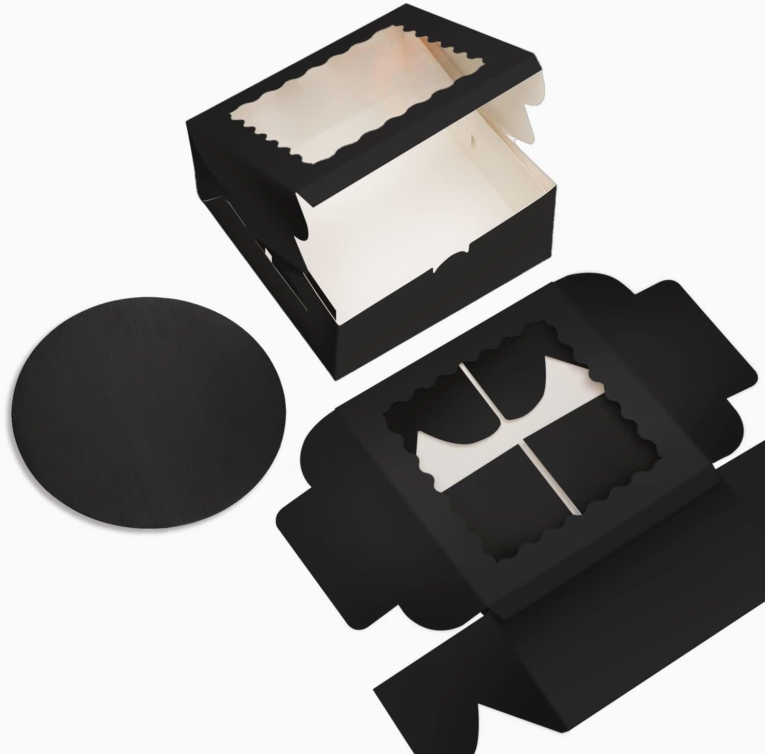 Caja de pasteles negra de 36 piezas de 10x10x5 pulgadas con ventana y 18 paquetes, ideal para marca blanca con logo personalizado, incluye 18 cajas para pasteles y 18 bases. Proveedor confiable para tus necesidades de repostería.