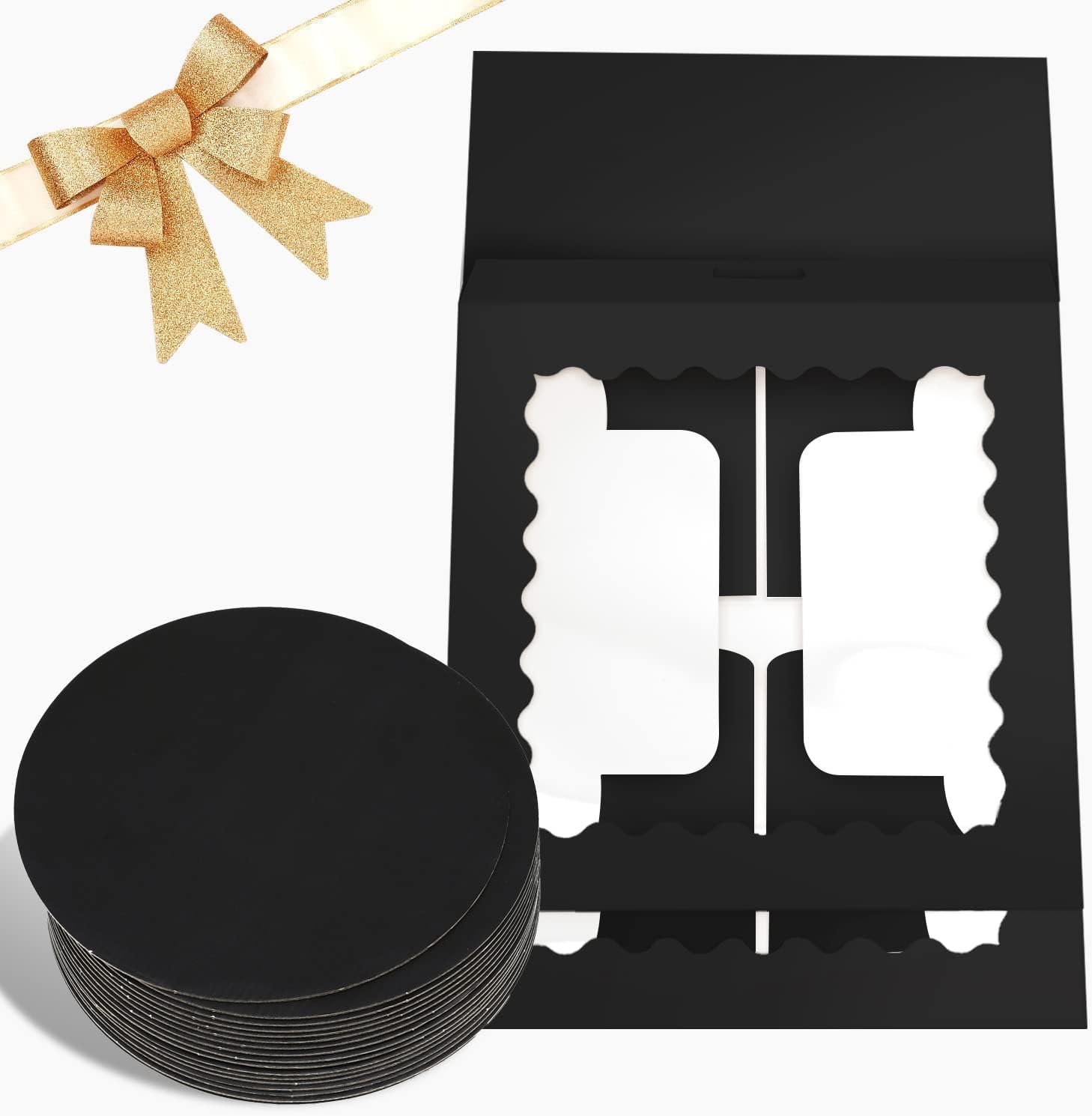Caja de pasteles negra de 36 piezas de 10x10x5 pulgadas con ventana y 18 paquetes, ideal para marca blanca con logo personalizado, incluye 18 cajas para pasteles y 18 bases. Proveedor confiable para tus necesidades de repostería.