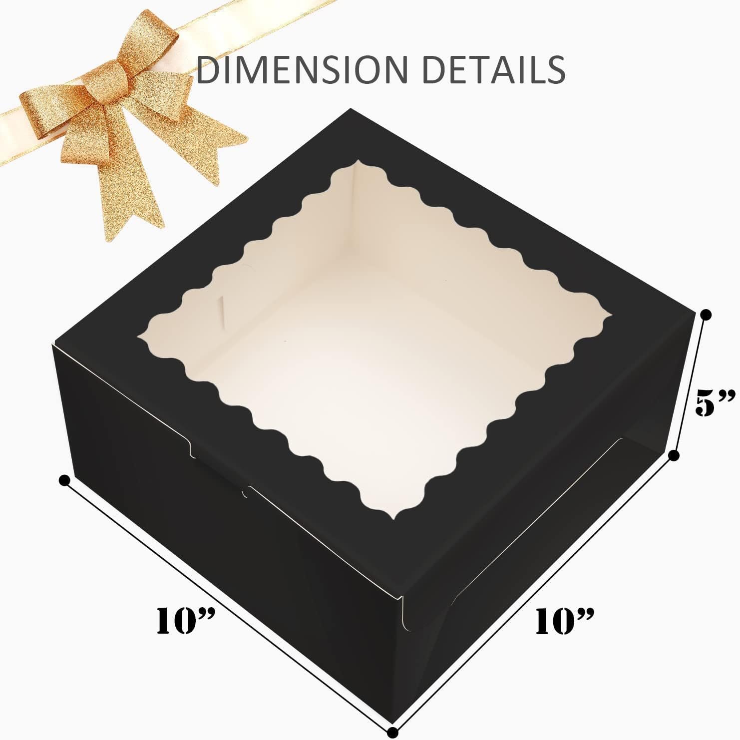 Caja de pasteles negra de 36 piezas de 10x10x5 pulgadas con ventana y 18 paquetes, ideal para marca blanca con logo personalizado, incluye 18 cajas para pasteles y 18 bases. Proveedor confiable para tus necesidades de repostería.