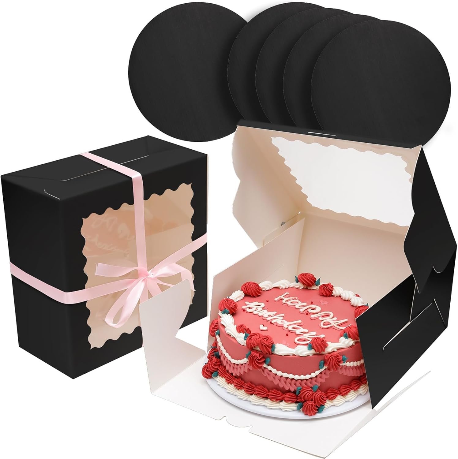 Caja de pasteles negra de 36 piezas de 10x10x5 pulgadas con ventana y 18 paquetes, ideal para marca blanca con logo personalizado, incluye 18 cajas para pasteles y 18 bases. Proveedor confiable para tus necesidades de repostería.