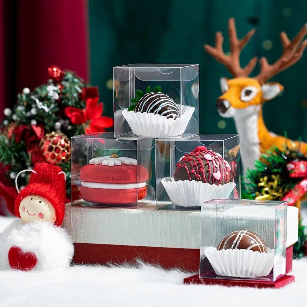 Caja de Bombas de Chocolate Caliente con Logo Personalizado - Paquete de 50 Cajas de Regalo Transparentes para Cupcakes y Dulces - Cajas de Favor de Fiesta de Cumpleaños y Bodas (3x3x3 Pulgadas) - Fabricante de Calidad