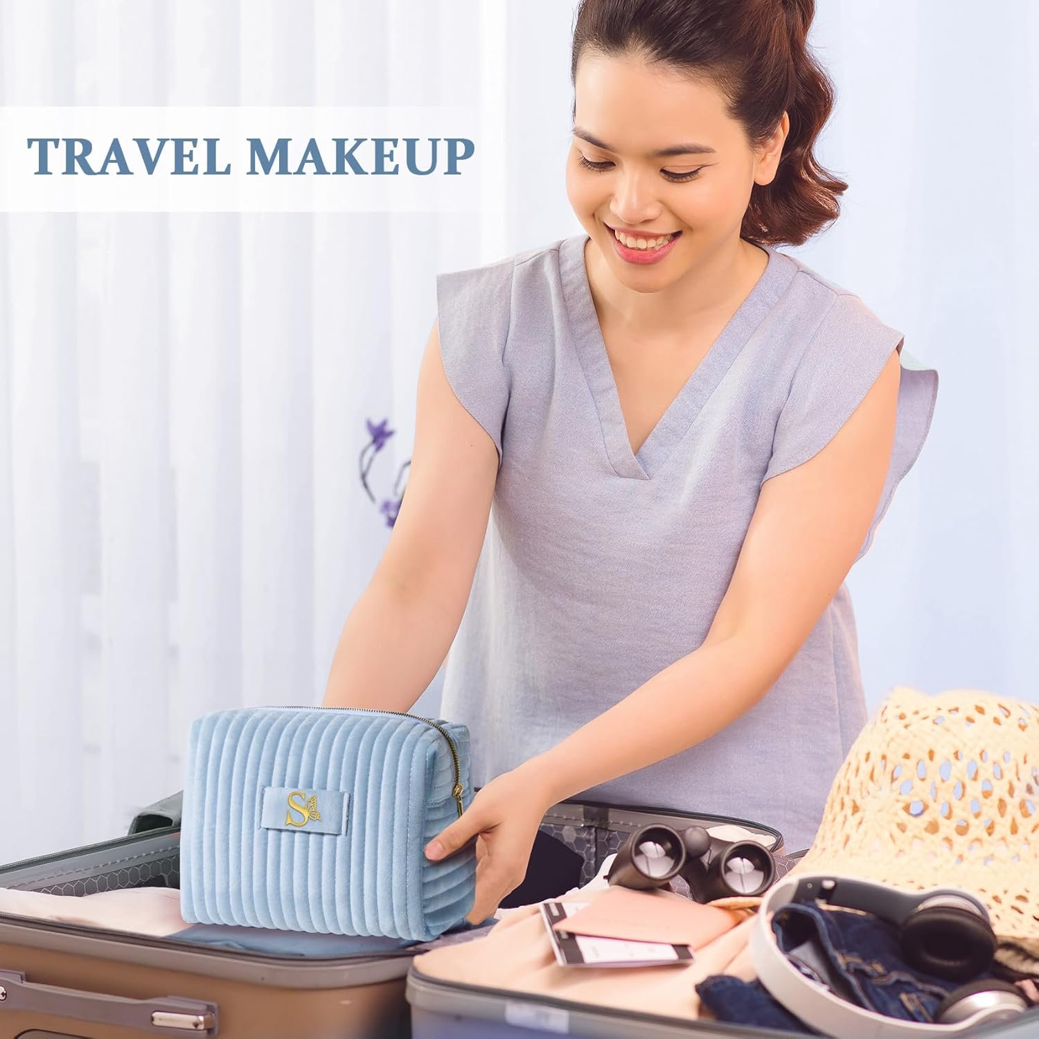 Logo Personalizado Neceser de Maquillaje Personalizado para Viajes de Mujeres, Regalos de Día de Pascua para Mejores Amigos y Hermanas, Fábrica de Pouches Cosméticos Monogramados con Letra M.