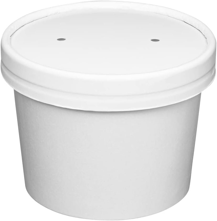 Contenedores de Papel Blanco Desechables de 8oz - 25 Cuentas con Tapa Ventilada, Perfectos para Sopa Caliente, Vasos de Helado y Alimentos Fríos - Marca Blanca con Logo Personalizado, Proveedor de Soluciones para Comida.