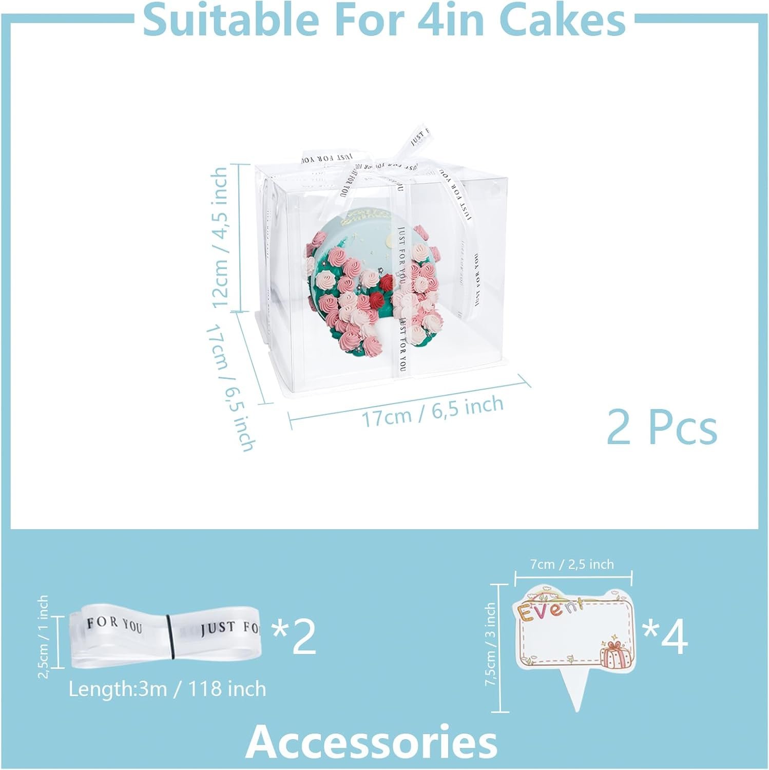 Logo Personalizado - Cajas de Pasteles Cuadradas de 6.5 pulgadas, Paquete de 2, Fácil Ensamblaje con Cinta de Satén de 20 pies y 4 Tarjetas Decorativas, Contenedores de Plástico BPA-Free para Tartas de Boda, Postres de Cumpleaños, Exhibición de Bakery - Proveedor.