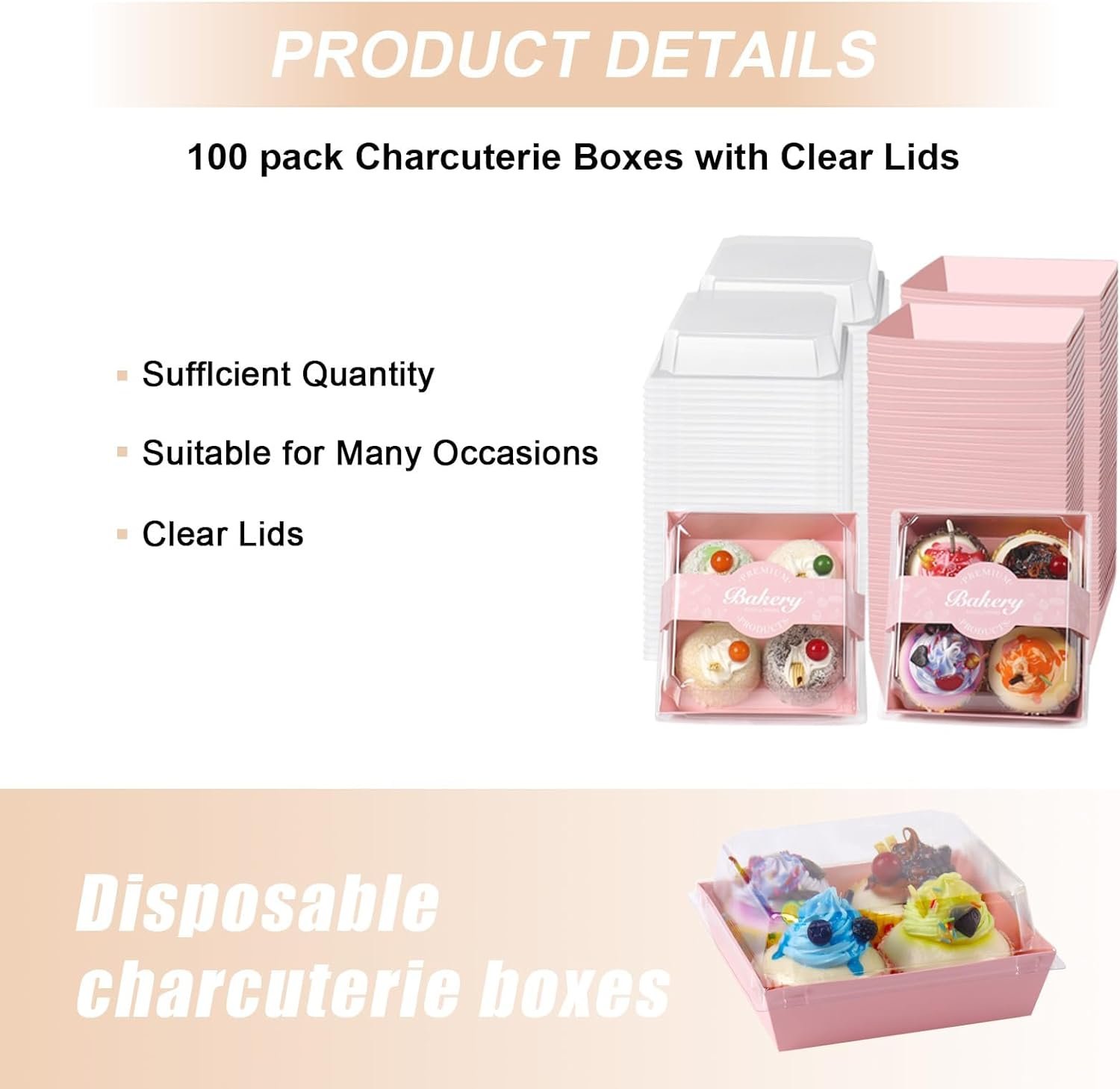 Caja de Charcutería con Logo Personalizado, 100 Pack de Contenedores Desechables Rosa de 5.3x4.9x2.5 Pulgadas para Galletas, Sándwiches, Pasteles y Postres, Fabricante Proveedor.