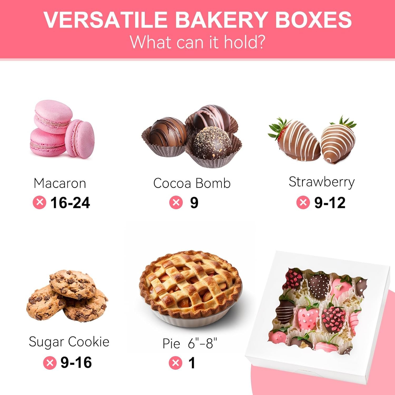 Caja de pasteles con ventana de 20 PCS, 8 x 8 x 2.5 pulgadas, cajas auto-popup para galletas, postres con logo personalizado, ideales para chocolate, fresas, pasteles, muffins, donuts, proveedora de envases. Caja de pasteles con ventana de 20 PCS, 8 x 8 x 2.5 pulgadas, cajas auto-popup para galletas, postres con logo personalizado, ideales para chocolate, fresas, pasteles, muffins, donuts, proveedora de envases.