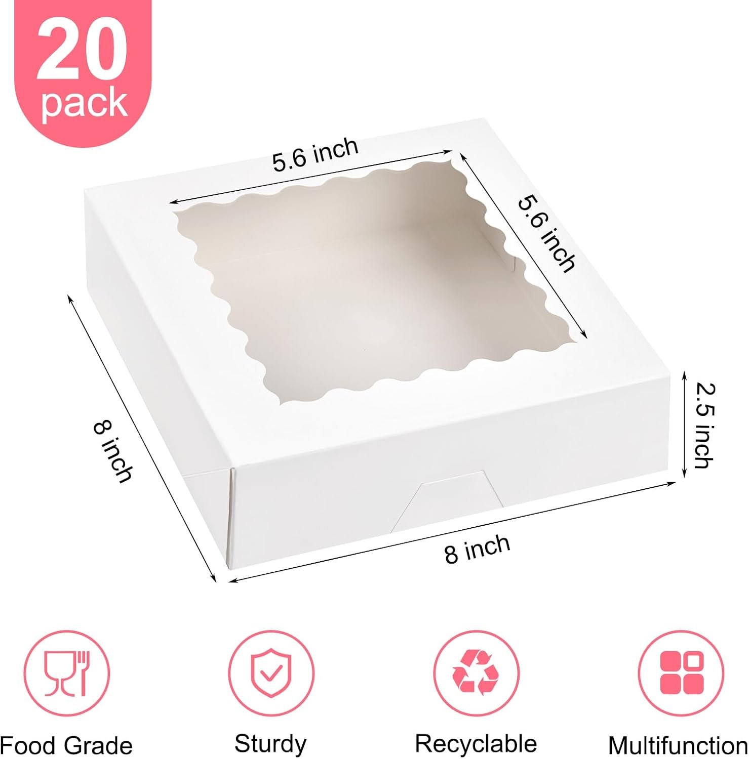 Caja de pasteles con ventana de 20 PCS, 8 x 8 x 2.5 pulgadas, cajas auto-popup para galletas, postres con logo personalizado, ideales para chocolate, fresas, pasteles, muffins, donuts, proveedora de envases. Caja de pasteles con ventana de 20 PCS, 8 x 8 x 2.5 pulgadas, cajas auto-popup para galletas, postres con logo personalizado, ideales para chocolate, fresas, pasteles, muffins, donuts, proveedora de envases.