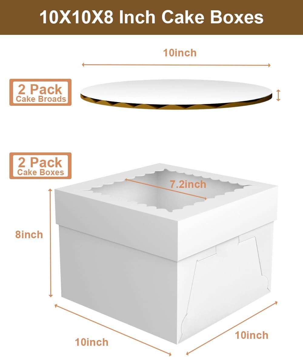 Caja de pasteles desechable con ventana y base, 2 paquetes de 10x10x8 pulgadas, ideal para reposteros, fiestas de cumpleaños y eventos escolares | Marca Blanca para pasteles de 10 pulgadas de Fábrica.