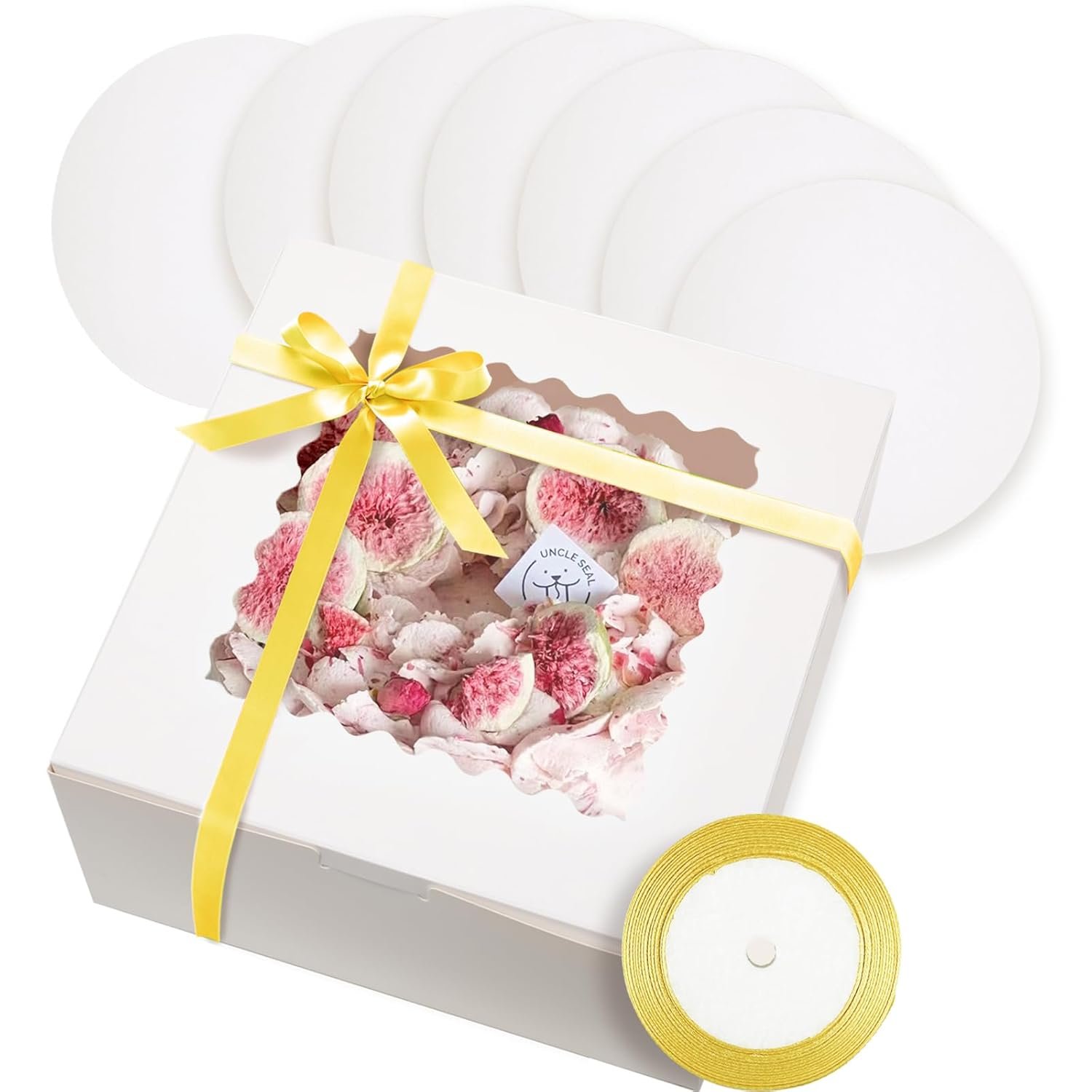 Logo Personalizado para cajas de pastel 10x10x5, 18 sets de cajas de pastel blancas con ventana y 18 sets de bases redondas blancas de 10", envases para pastel de 10 pulgadas, 10 metros de cinta de seda dorada, Fabricante.