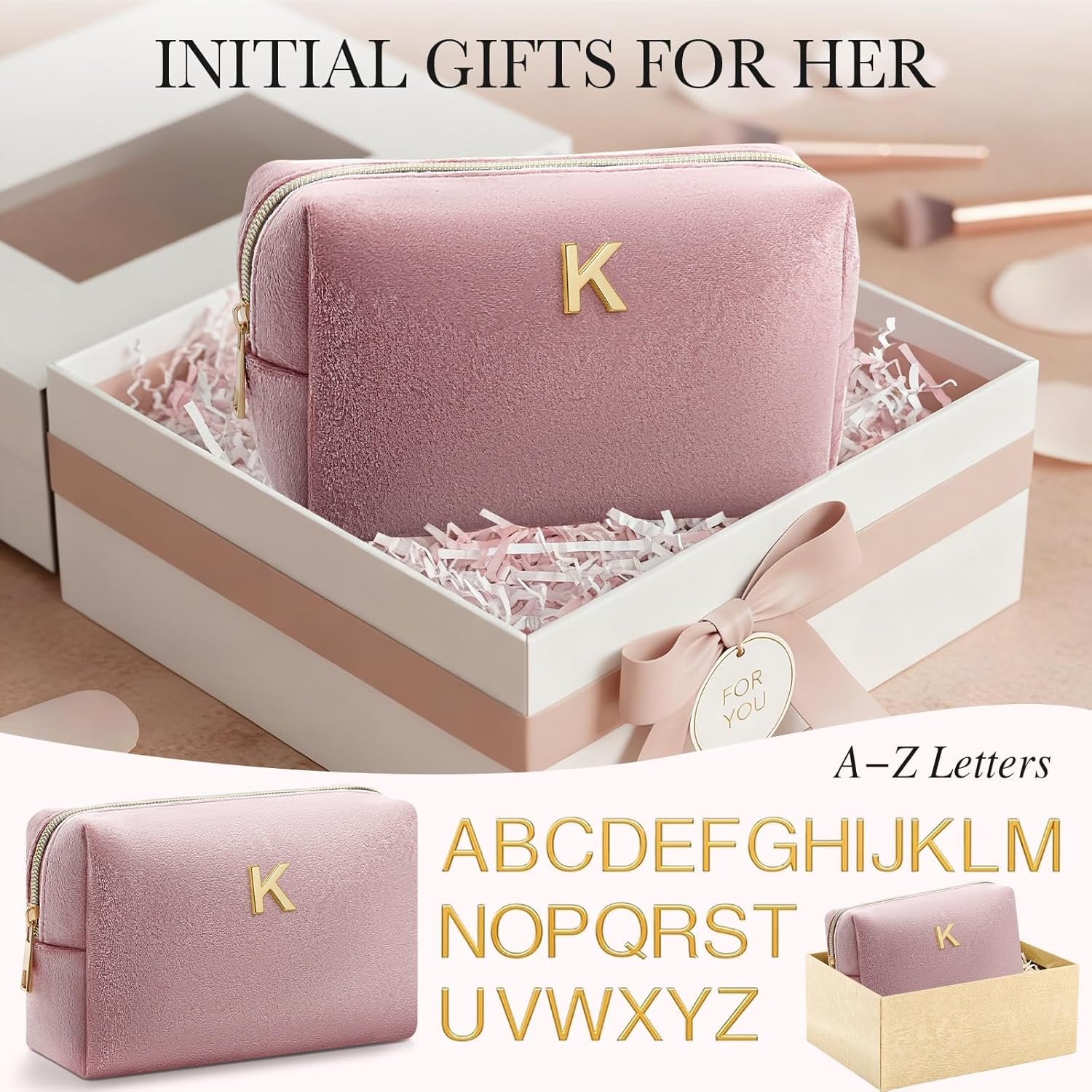 Logo Personalizado Neceser de Maquillaje de Terciopelo Rosa Monogramado Bolsa de Cosméticos Personalizada para Viaje y Uso Diario Regalo para Mujeres, Niñas, Profesores, Madres, Damas de Honor, Día de San Valentín, Cumpleaños, Graduaciones Proveedor