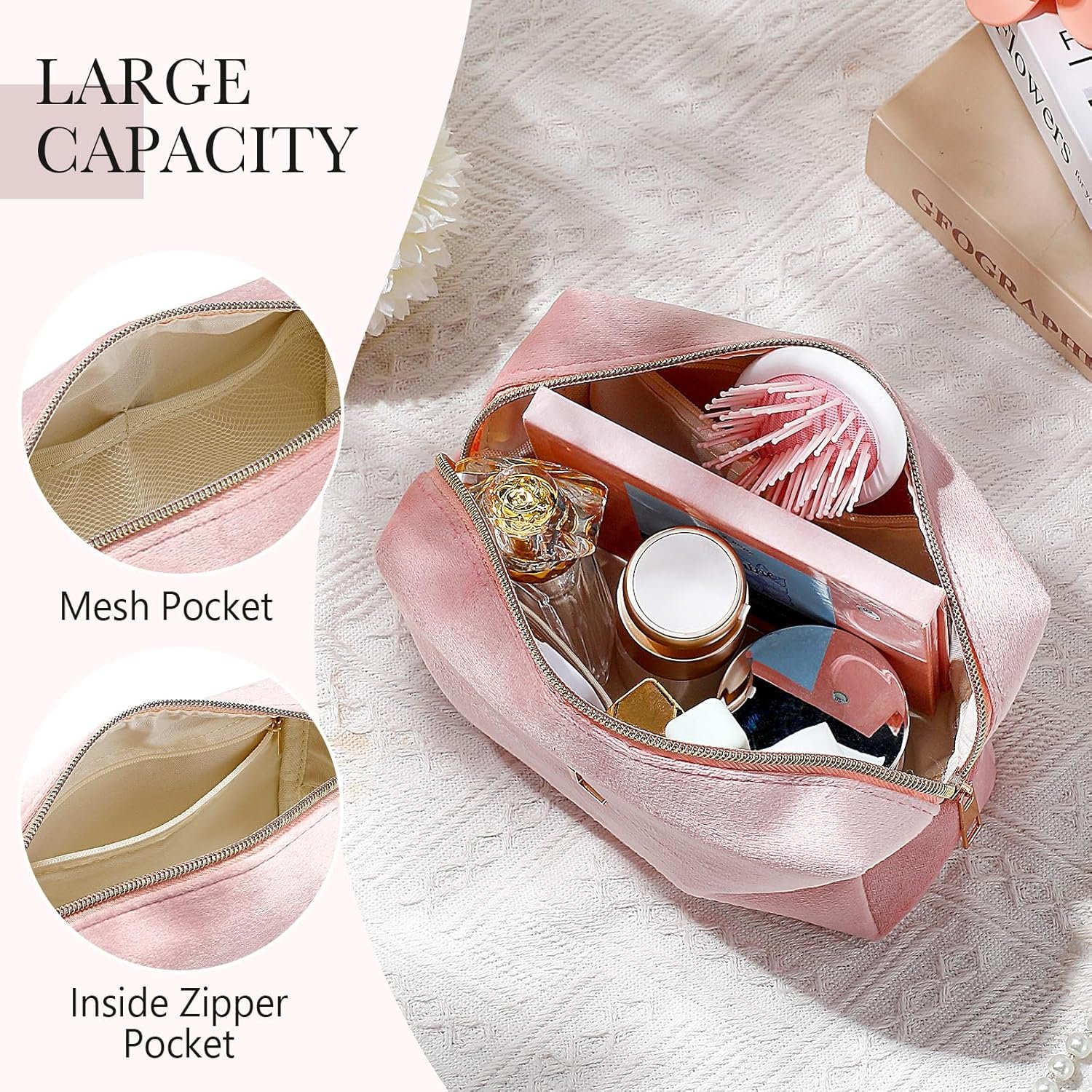 Logo Personalizado Neceser de Maquillaje de Terciopelo Rosa Monogramado Bolsa de Cosméticos Personalizada para Viaje y Uso Diario Regalo para Mujeres, Niñas, Profesores, Madres, Damas de Honor, Día de San Valentín, Cumpleaños, Graduaciones Proveedor