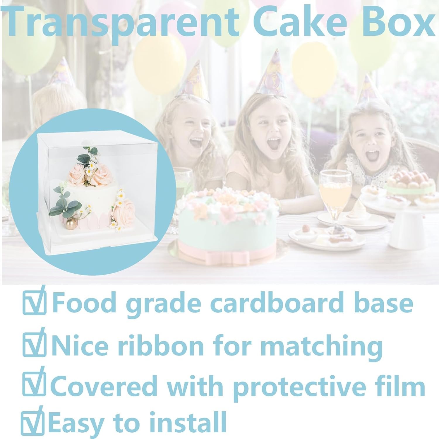 Cajas de Pasteles Transparentes 8.5x8.5x6.5 - Paquete de 2 con 20ft de Cinta y 4 Tarjetas, BPA-Free para Personalizar con Logo, Ideal para Cumpleaños y Bodas. Proveedor de Envases para Exhibición. Cajas de Pasteles Transparentes 8.5x8.5x6.5 - Paquete de 2 con 20ft de Cinta y 4 Tarjetas, BPA-Free para Personalizar con Logo, Ideal para Cumpleaños y Bodas. Proveedor de Envases para Exhibición.