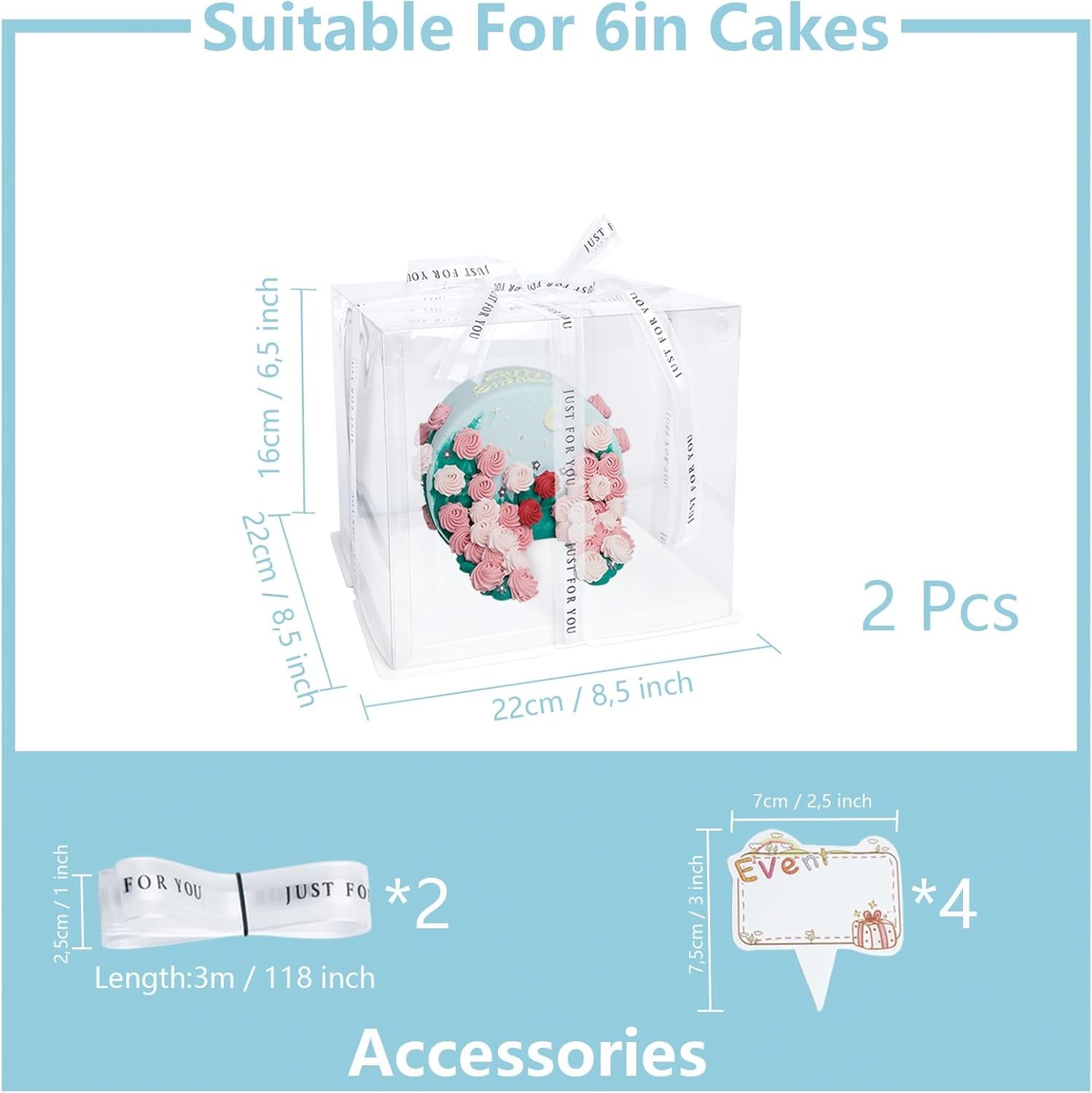 Cajas de Pasteles Transparentes 8.5x8.5x6.5 - Paquete de 2 con 20ft de Cinta y 4 Tarjetas, BPA-Free para Personalizar con Logo, Ideal para Cumpleaños y Bodas. Proveedor de Envases para Exhibición. Cajas de Pasteles Transparentes 8.5x8.5x6.5 - Paquete de 2 con 20ft de Cinta y 4 Tarjetas, BPA-Free para Personalizar con Logo, Ideal para Cumpleaños y Bodas. Proveedor de Envases para Exhibición.