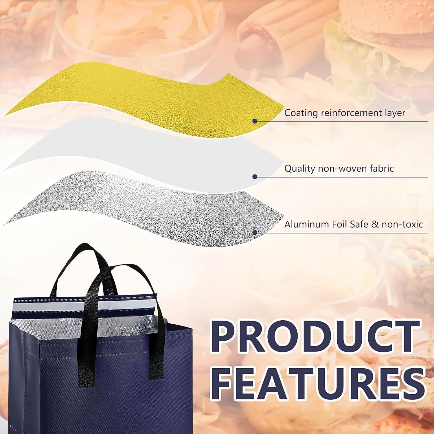 Bolsas Térmicas Reutilizables con Logo Personalizado, 100 Pcs, Ideales para Entrega de Alimentos Fríos y Calientes, Marca Blanca, Proveedor de Bolsas para Restaurante y Picnic (9.5 x 6 x 9.5 in)