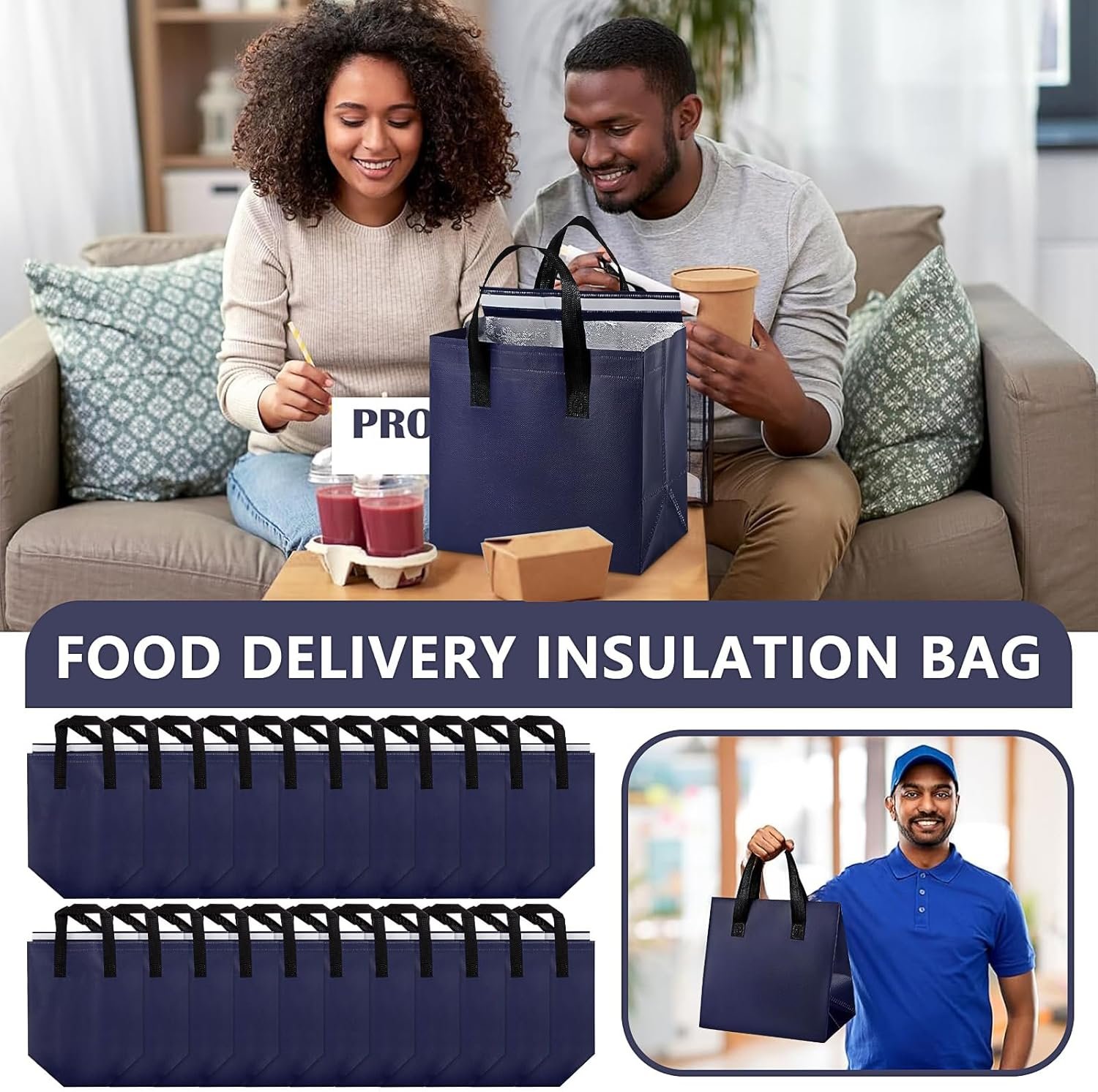 Bolsas Térmicas Reutilizables con Logo Personalizado, 100 Pcs, Ideales para Entrega de Alimentos Fríos y Calientes, Marca Blanca, Proveedor de Bolsas para Restaurante y Picnic (9.5 x 6 x 9.5 in)